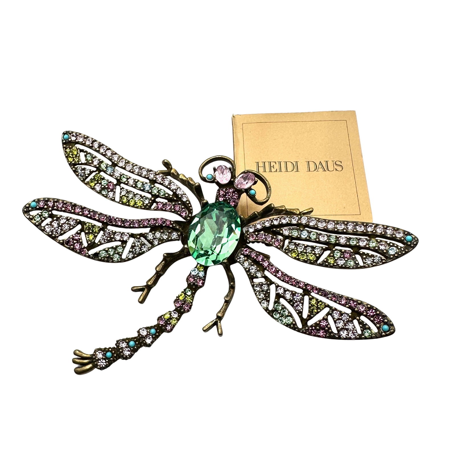 Heidi Daus Multicolor Crystal Dragon Fly Brooch Pin 3.5 Inch Antiqued Gold Tone Original Box (1 of 2)