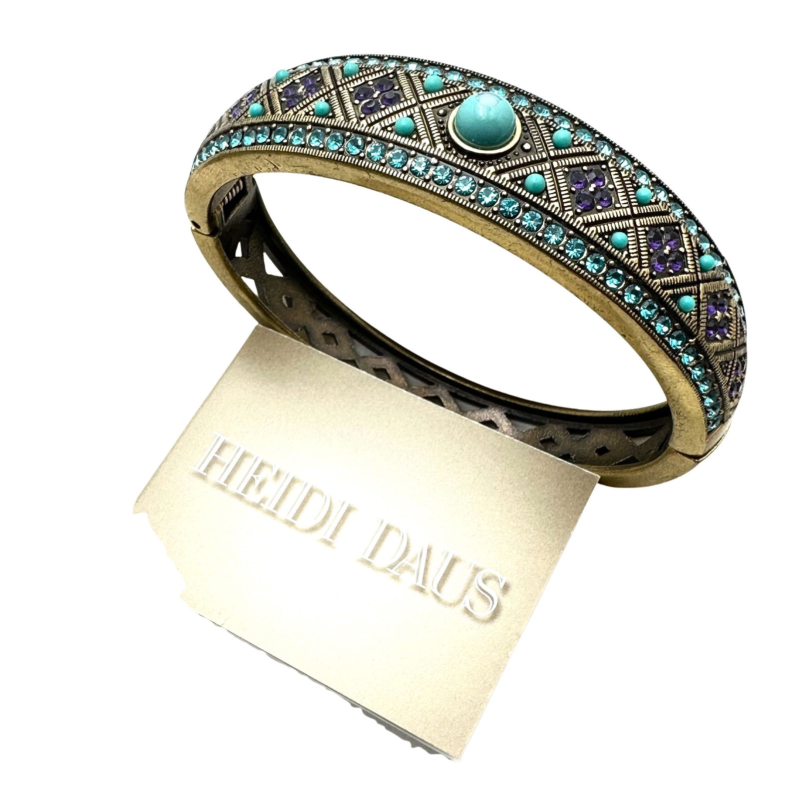 Heidi Daus Turquoise Blue Glass Purple Crystal Bangle Bracelet 7 Inch Scratch on Center Stone (1 of 2)