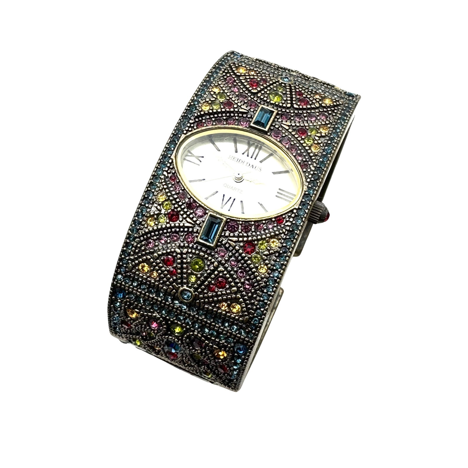 Heidi Daus Multicolor Hinged Bangle Watch Antiqued Gold tone May Need Battery 6.5 Inch (1 of 2)