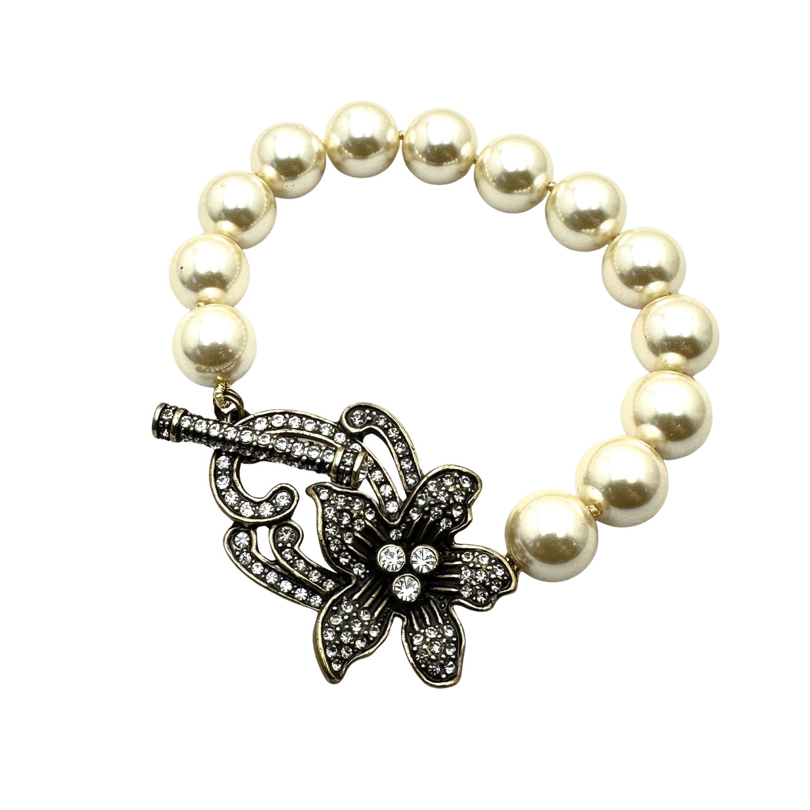 Heidi Daus Faux Glass Pearl Clear Crystal Antiqued Gold Tone Bracelet 7 Inch Length Original Box (1 of 2)