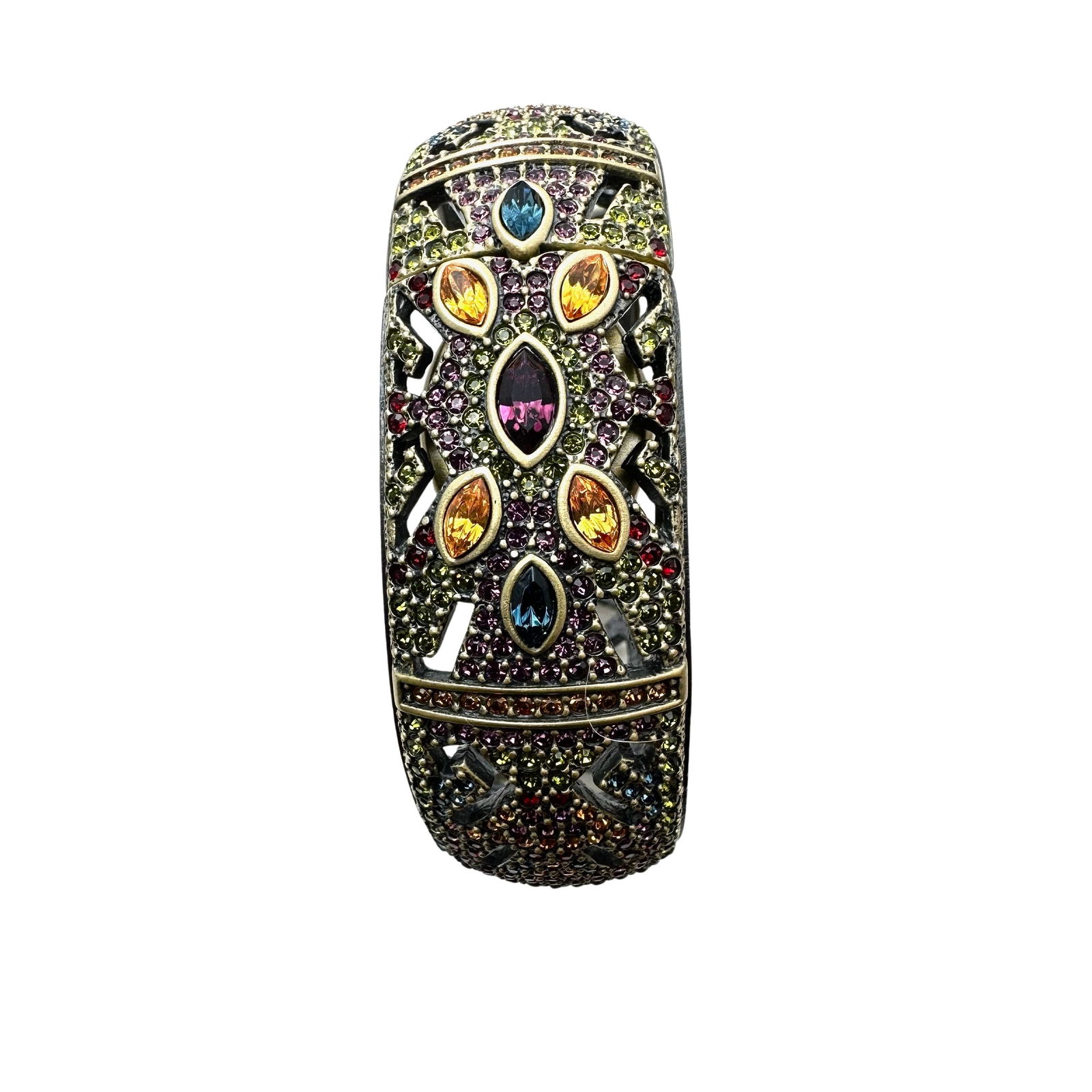 Heidi Daus Multicolor Crystal Antiqued Gold Tone Hinged Bangle Watch 7 Inch Original Box Needs (1 of 2)