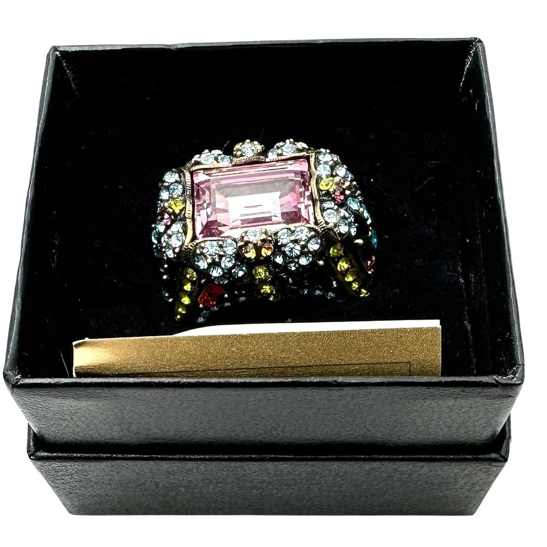 Heidi Daus Multicolor Crystal Antiqued Gold Tone Statement Ring Size 7 Original Box (1 of 3)