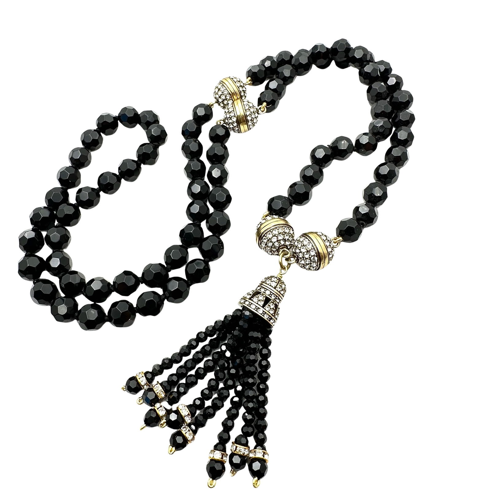 Heidi Daus Black Glass Bead Clear Crystal Lariat Style Necklace Antiqued Gold Tone (1 of 2)