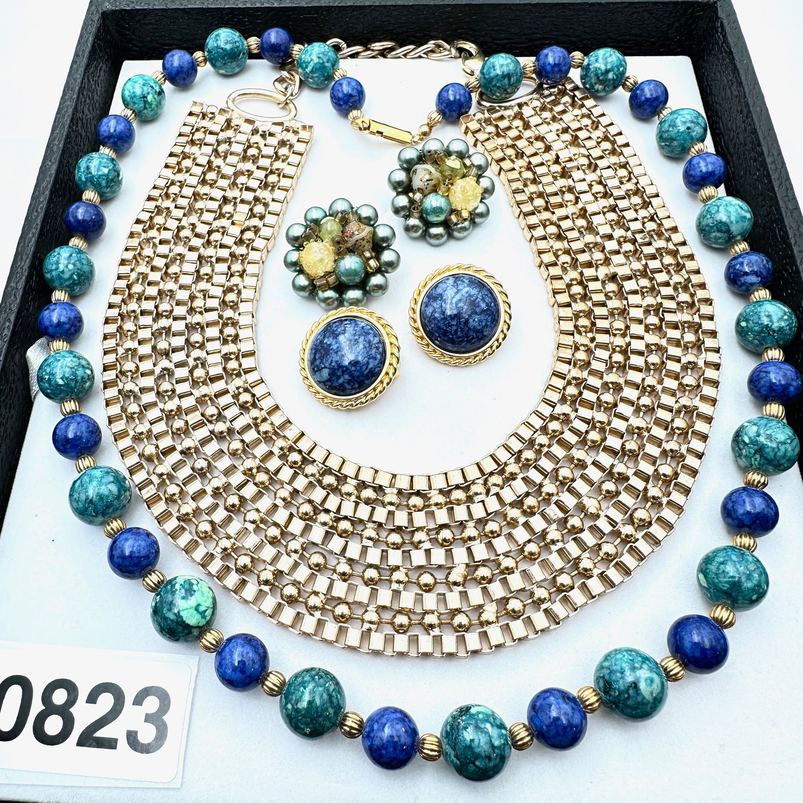 Vintage Jewelry Group Clip Earrings Gemstone Bead necklace Gold Tone Wide Collar Necklace (1 of 2)