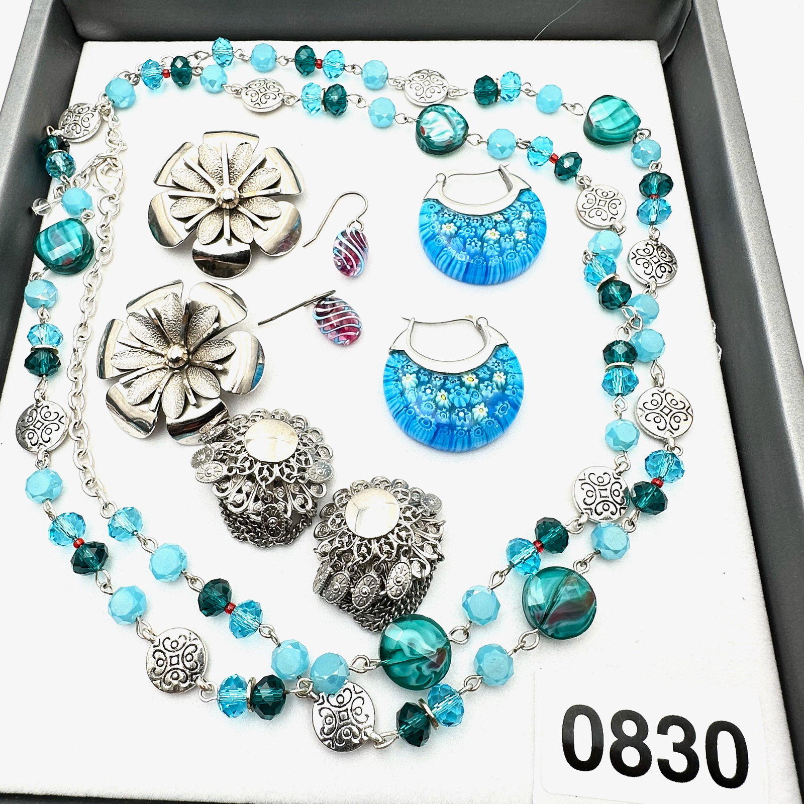 Vintage Jewelry Group Blue Murano Glass Earrings Art Glass Necklace Silver Tone Clip Earrings: Vintage Jewelry Group Blue Murano Glass Earrings Art Glass Necklace Silver Tone Clip Earrings