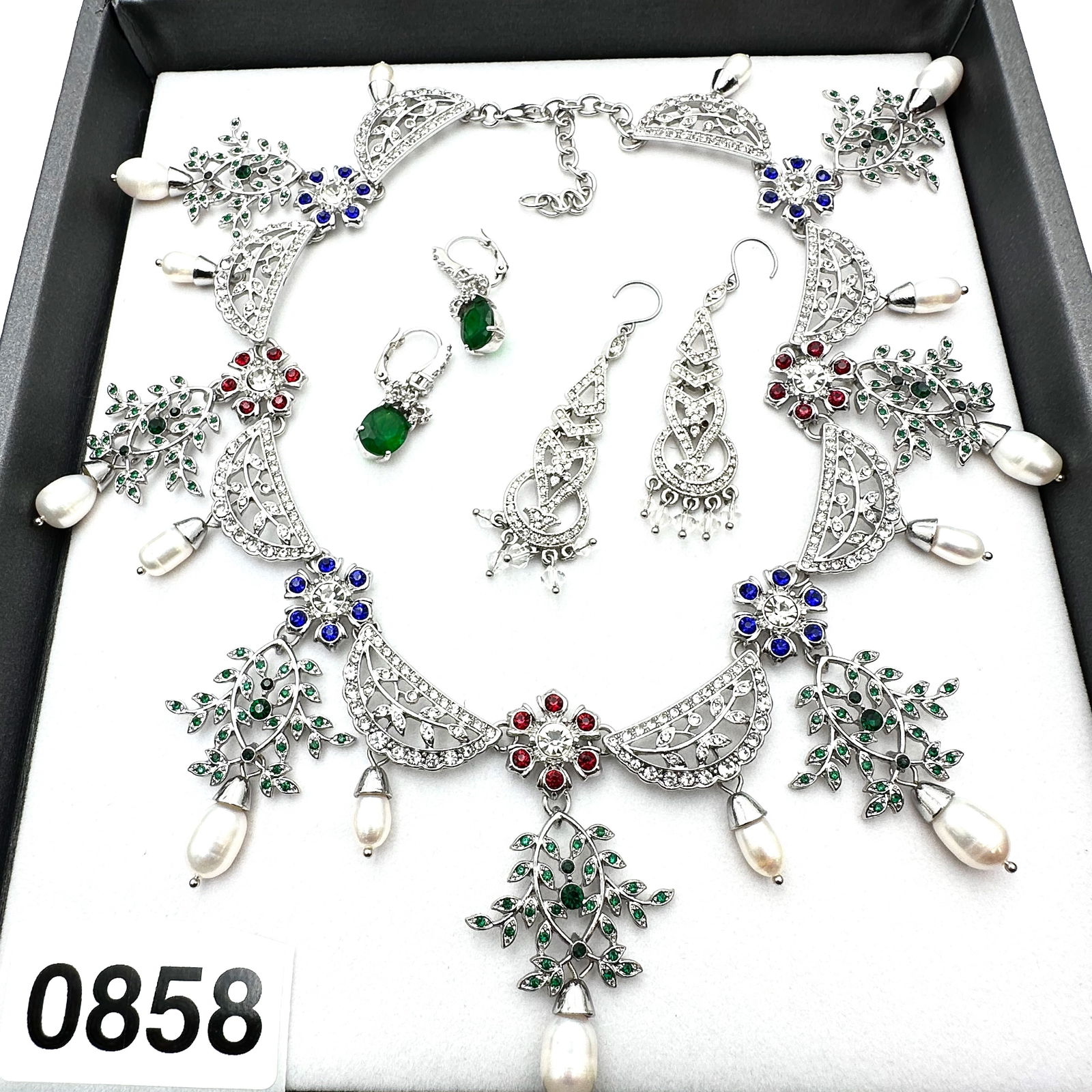 Jewelry Group Lot Red Blue Green Crystal Silver Tone Statement Necklace Pierced Earrings (1 of 2)