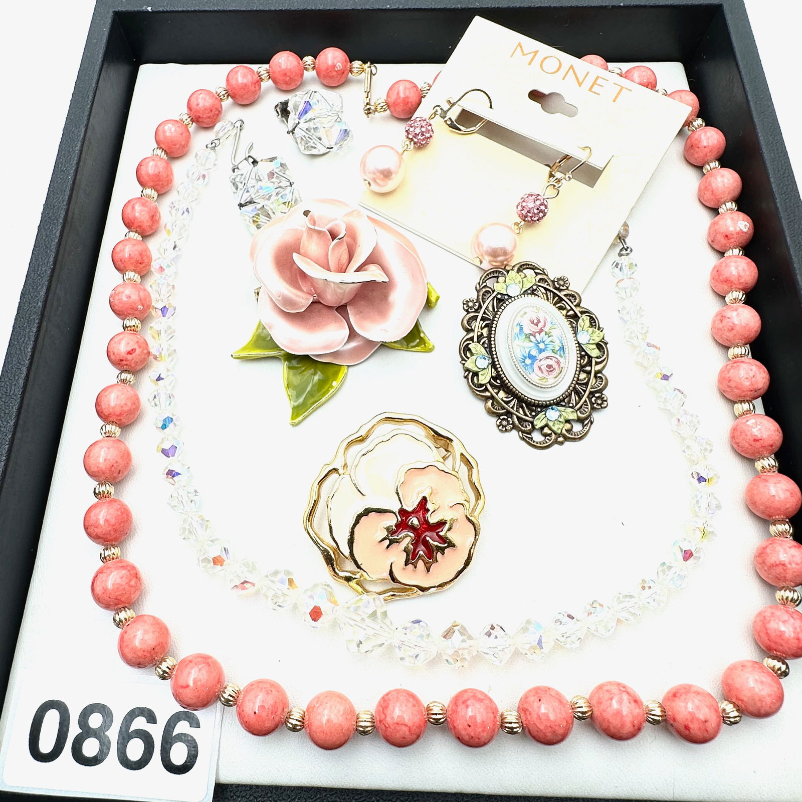 Vintage Jewelry Group Monet Earrings Enamel Flower Brooch Aurora Borealis Crystal Necklace: Vintage Jewelry Group Monet Earrings Enamel Flower Brooch Aurora Borealis Crystal Necklace