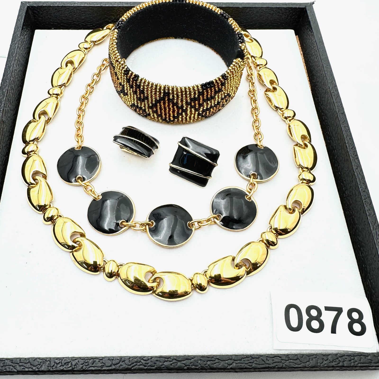 Vintage Jewelry Group Leopard Print Glass Bead Cuff Bracelet Black Enamel Gold Tone Necklaces (1 of 2)
