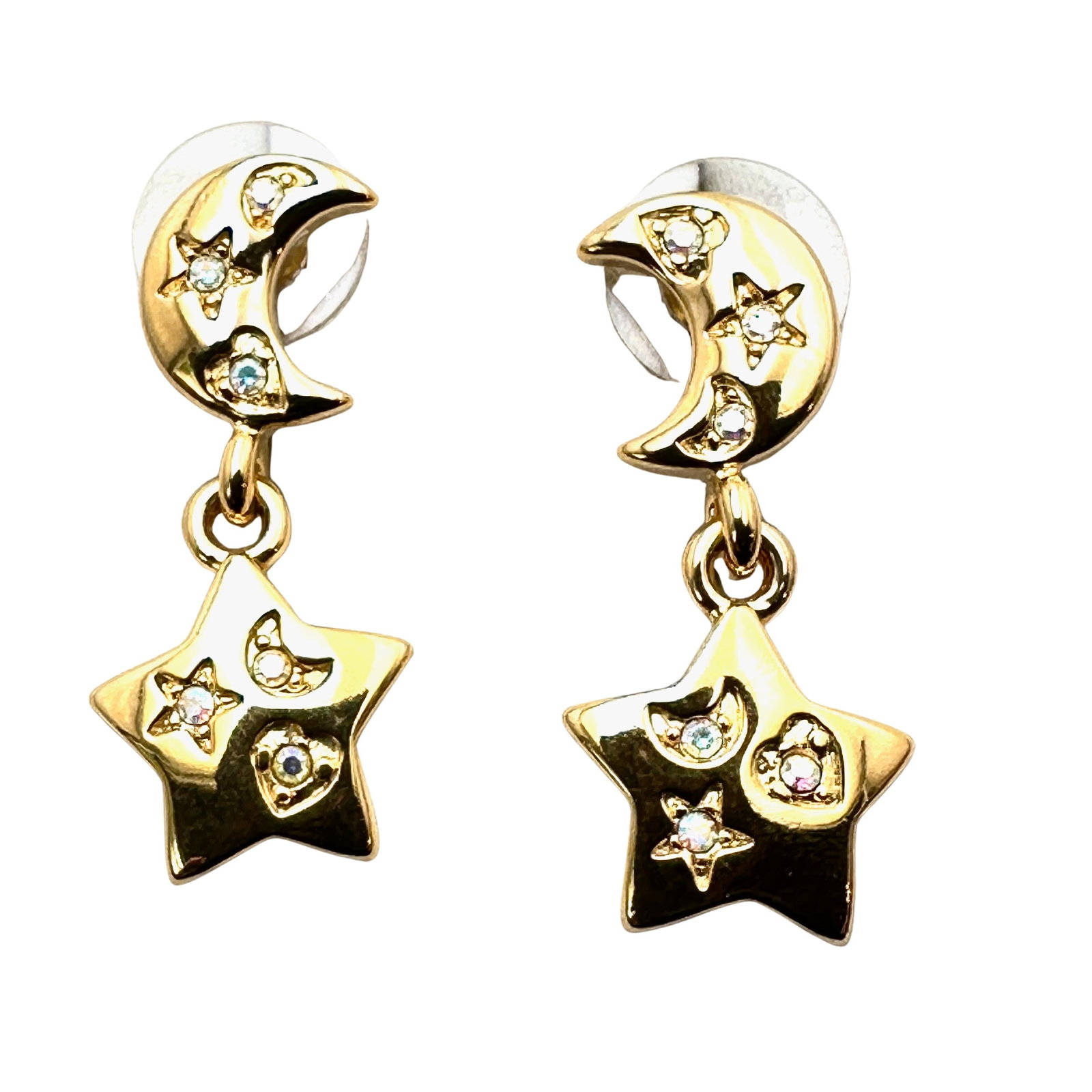Vintage Kirks Folly Crystal Gold Tone Moon Star Pierced Earrings 1.5 Inch Unworn Condition: Vintage Kirks Folly Crystal Gold Tone Moon Star Pierced Earrings 1.5 Inch Unworn Condition
