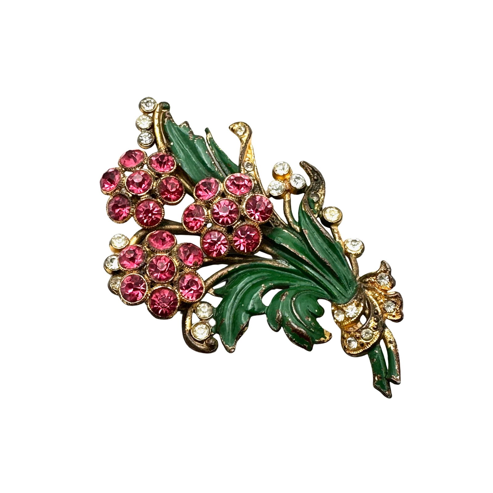 Antique Vintage Pink Glass Rhinestone Enamel Flower Brooch Pin 2.75 Inch Gold Tone (1 of 2)