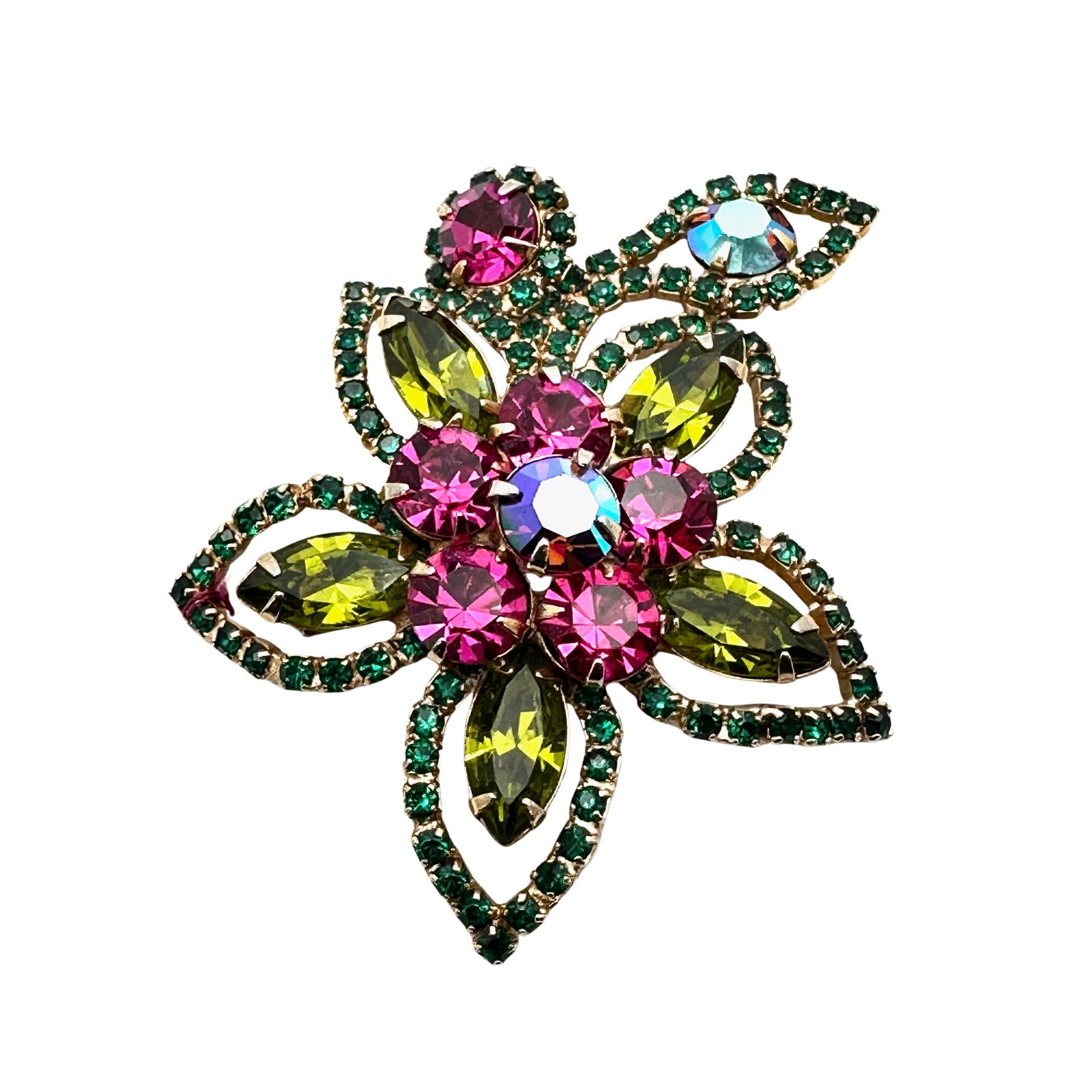 Vintage Pink Olive Green Glass Rhinestone Flower Brooch Pin 2.5 Inch: Vintage Pink Olive Green Glass Rhinestone Flower Brooch Pin 2.5 Inch