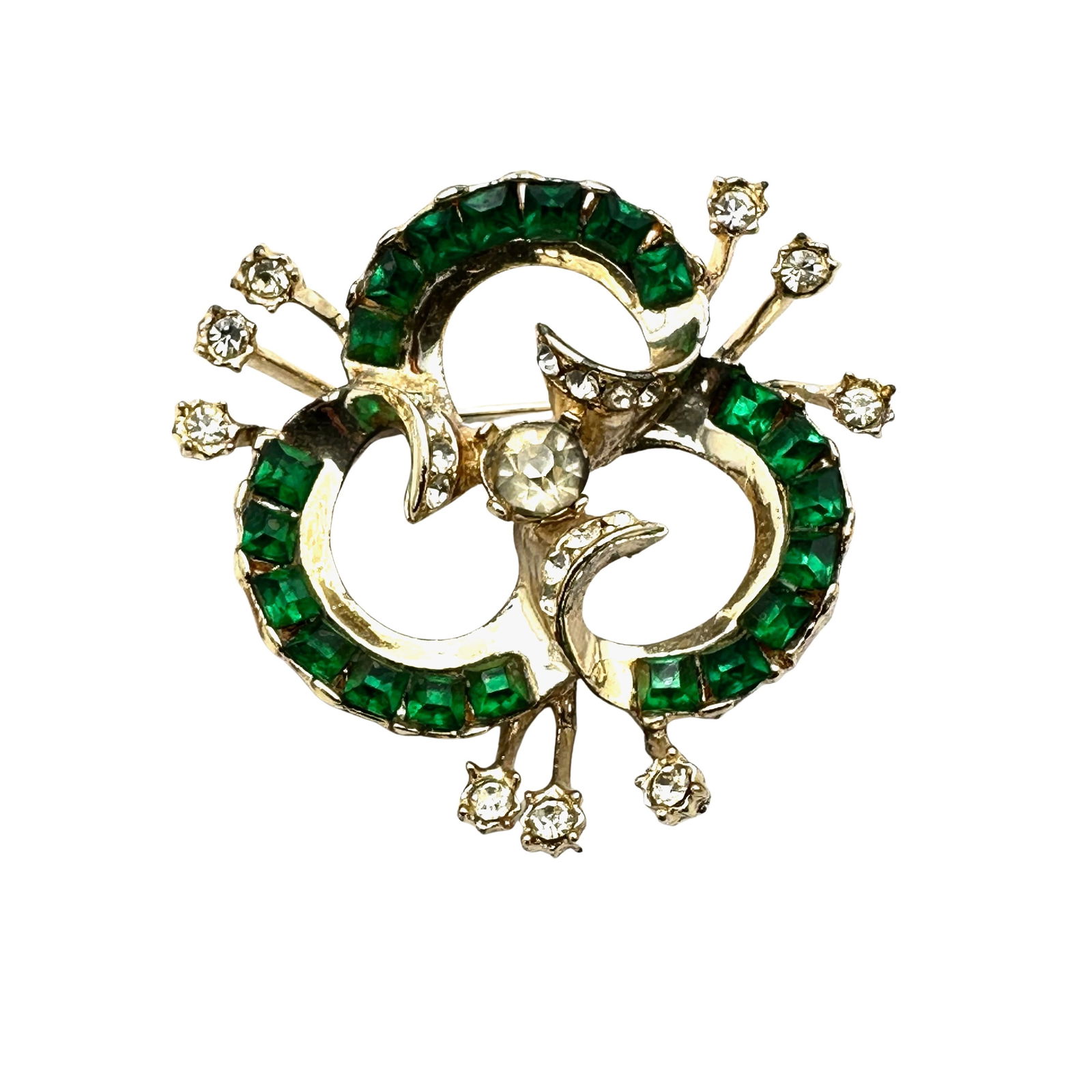 Vintage Emerald Green Glass Clear Rhinestone Gold Tone Brooch Pin 2 Inch: Vintage Emerald Green Glass Clear Rhinestone Gold Tone Brooch Pin 2 Inch