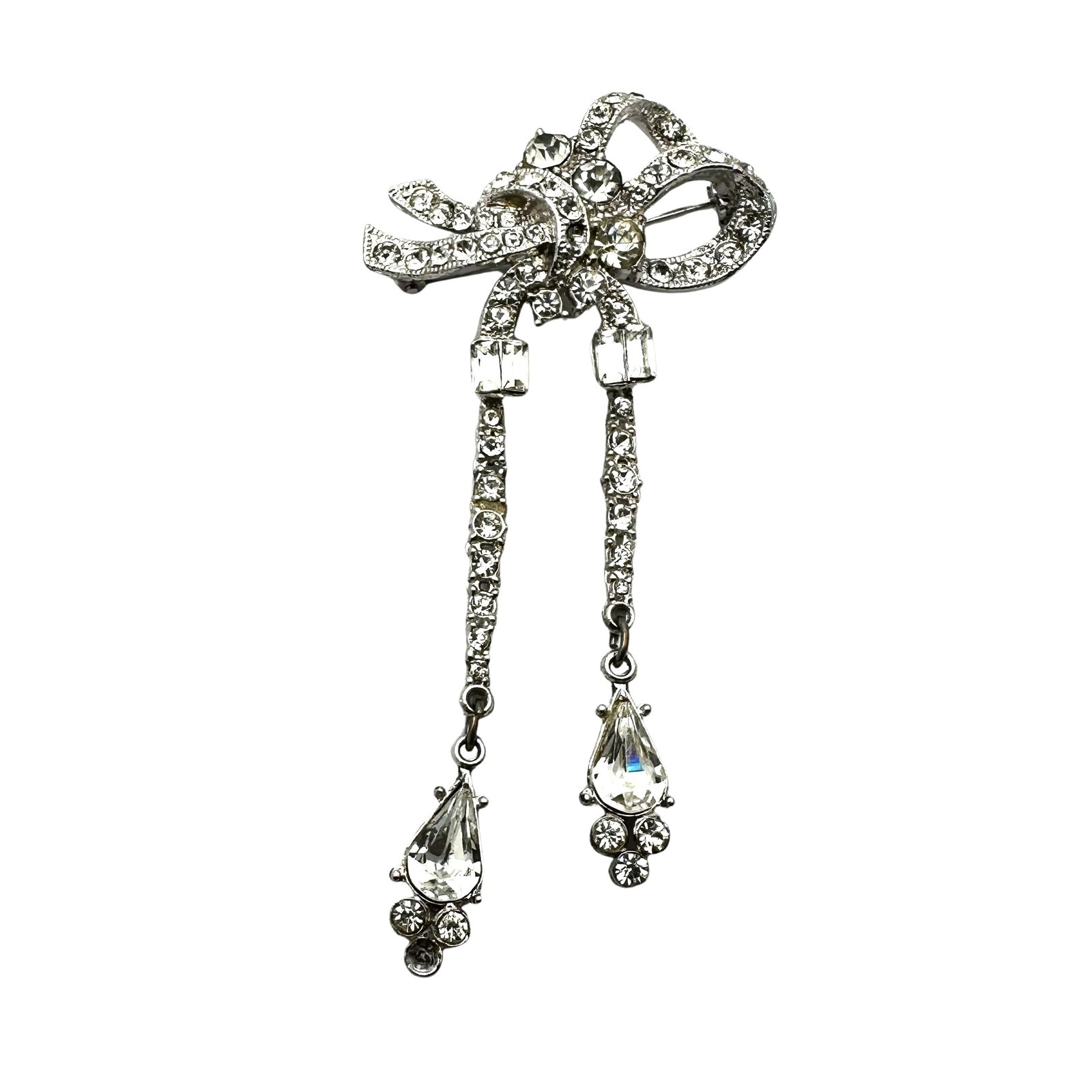 Vintage Clear Glass Rhinestone Silver Tone Bow Brooch with Dangles 3 Inch: Vintage Clear Glass Rhinestone Silver Tone Bow Brooch with Dangles 3 Inch