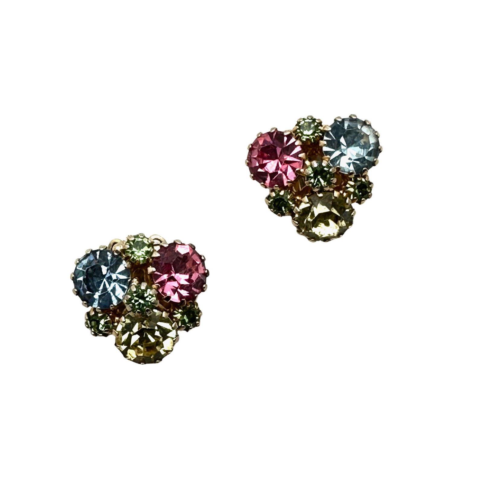 Vintage Weiss Pastel Multicolor Glass Rhinestone Gold Tone Clip Earrings: Vintage Weiss Pastel Multicolor Glass Rhinestone Gold Tone Clip Earrings