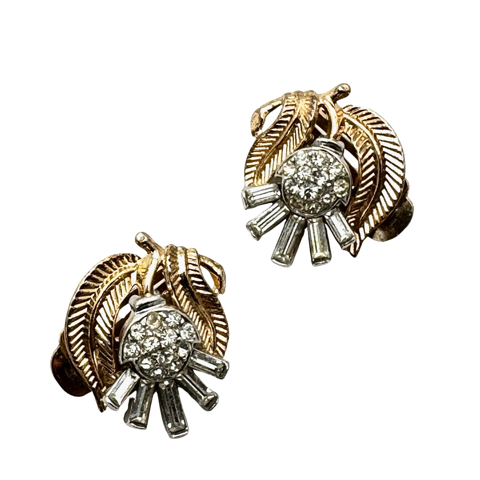 Vintage Trifari Gold Silver Tone Clear Rhinestone Clip Earrings Excellent Condition (1 of 2)