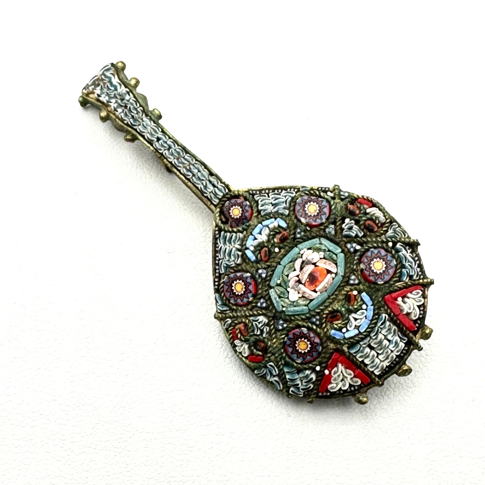 Antique Vintage Italian Micro Mosiac Gold Tone Brooch Pin 2.5 Inch Musical Instrument (1 of 2)