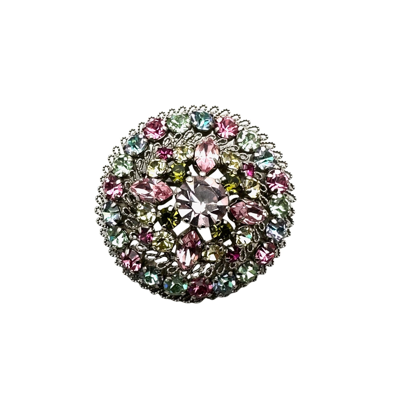 Vintage Austria Pastel Multicolor Glass Rhinestones Domed Silver Tone Brooch Pin 1.5 Inch: Vintage Austria Pastel Multicolor Glass Rhinestones Domed Silver Tone Brooch Pin 1.5 Inch