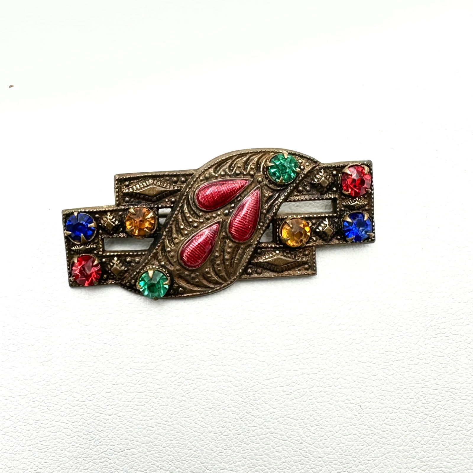 Antique Vintage Jewel Tone Enamel Rhinestone Antiqued Gold Tone Brooch Pin 1.75 Inch: Antique Vintage Jewel Tone Enamel Rhinestone Antiqued Gold Tone Brooch Pin 1.75 Inch