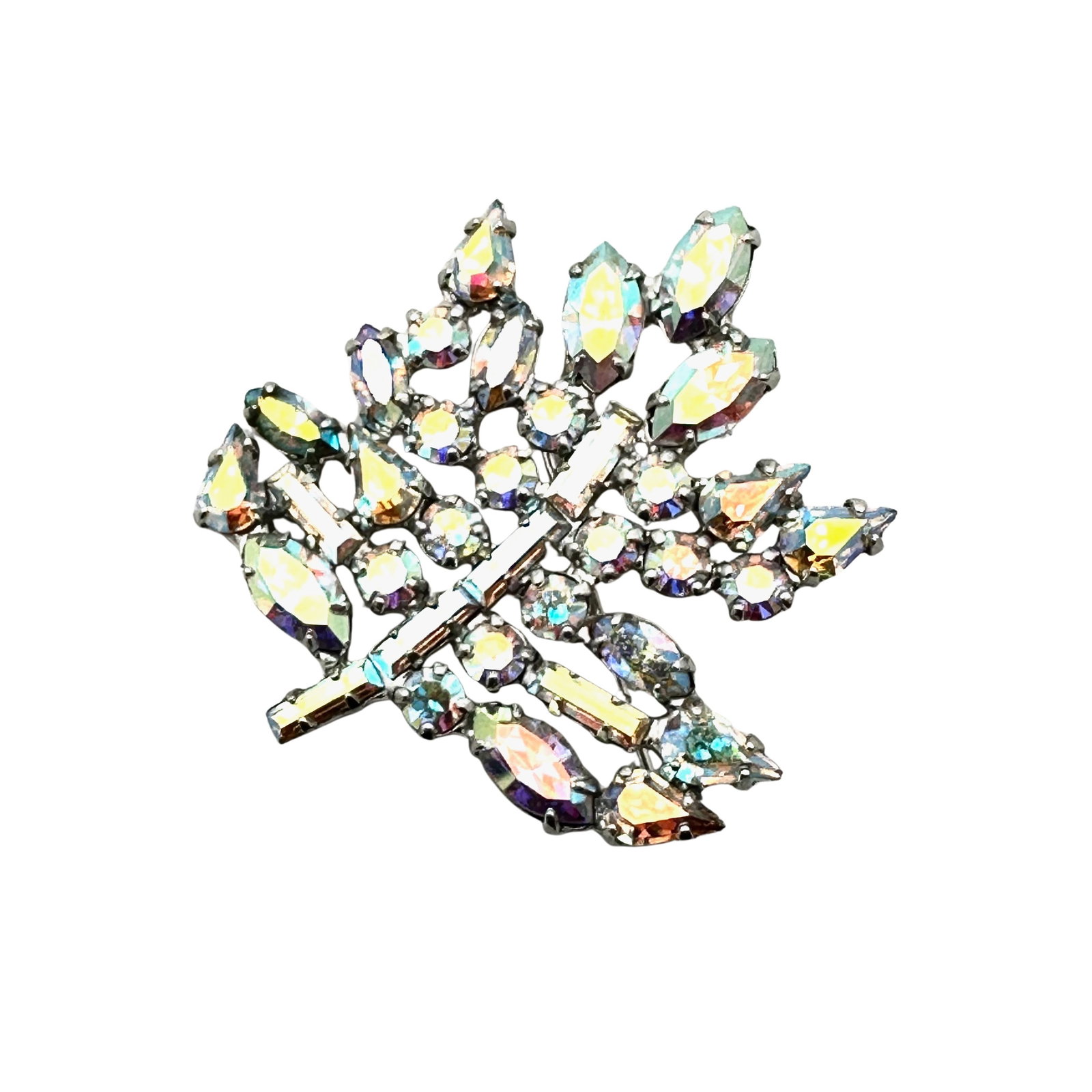 Vintage B David Aurora Borealis Glass Rhinestone Leaf Design Silver Tone Brooch Pin 1.5 Inch: Vintage B David Aurora Borealis Glass Rhinestone Leaf Design Silver Tone Brooch Pin 1.5 Inch