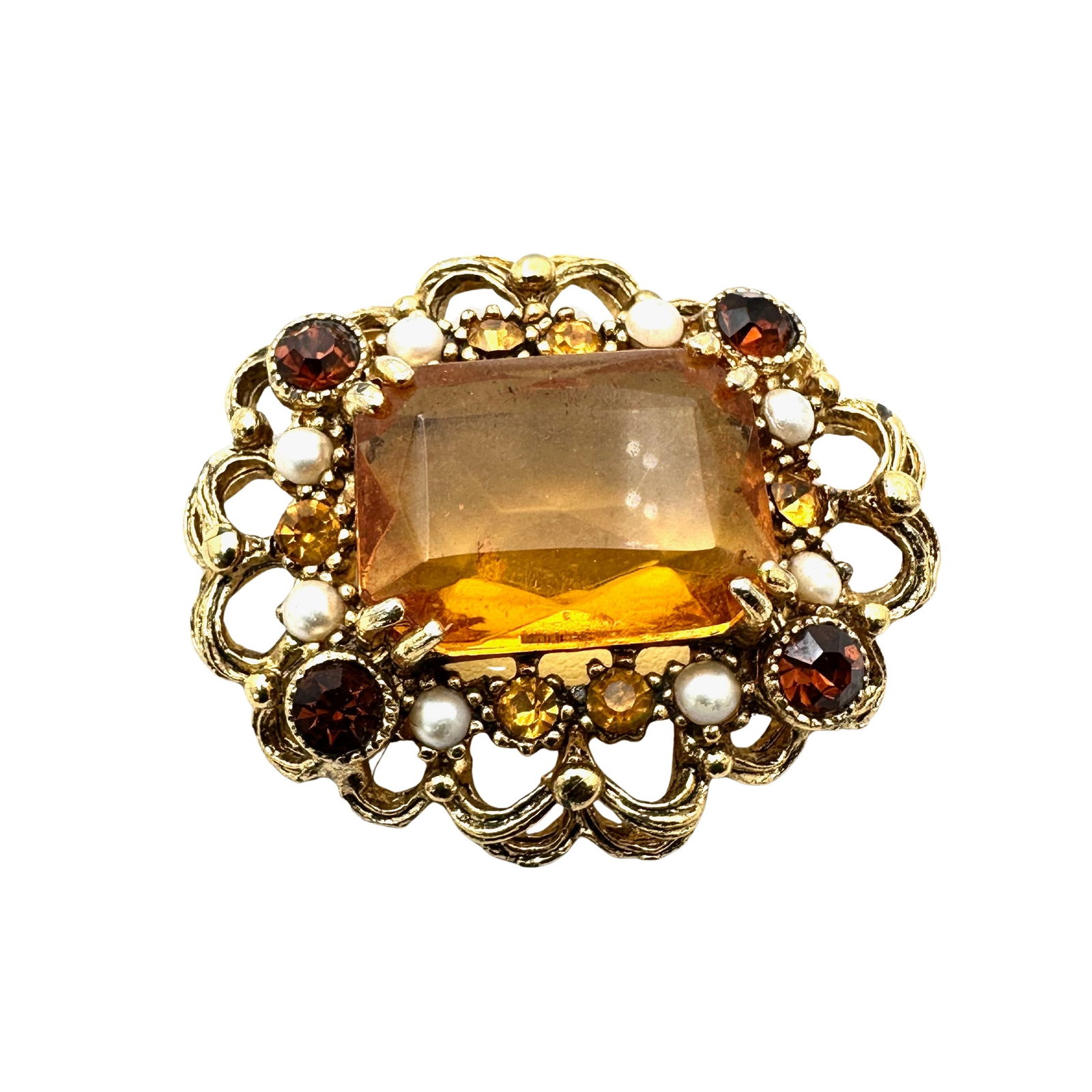 Vintage Amber Orange Glass Rhinestone Gold Tone Brooch Pin 2 Inch: Vintage Amber Orange Glass Rhinestone Gold Tone Brooch Pin 2 Inch