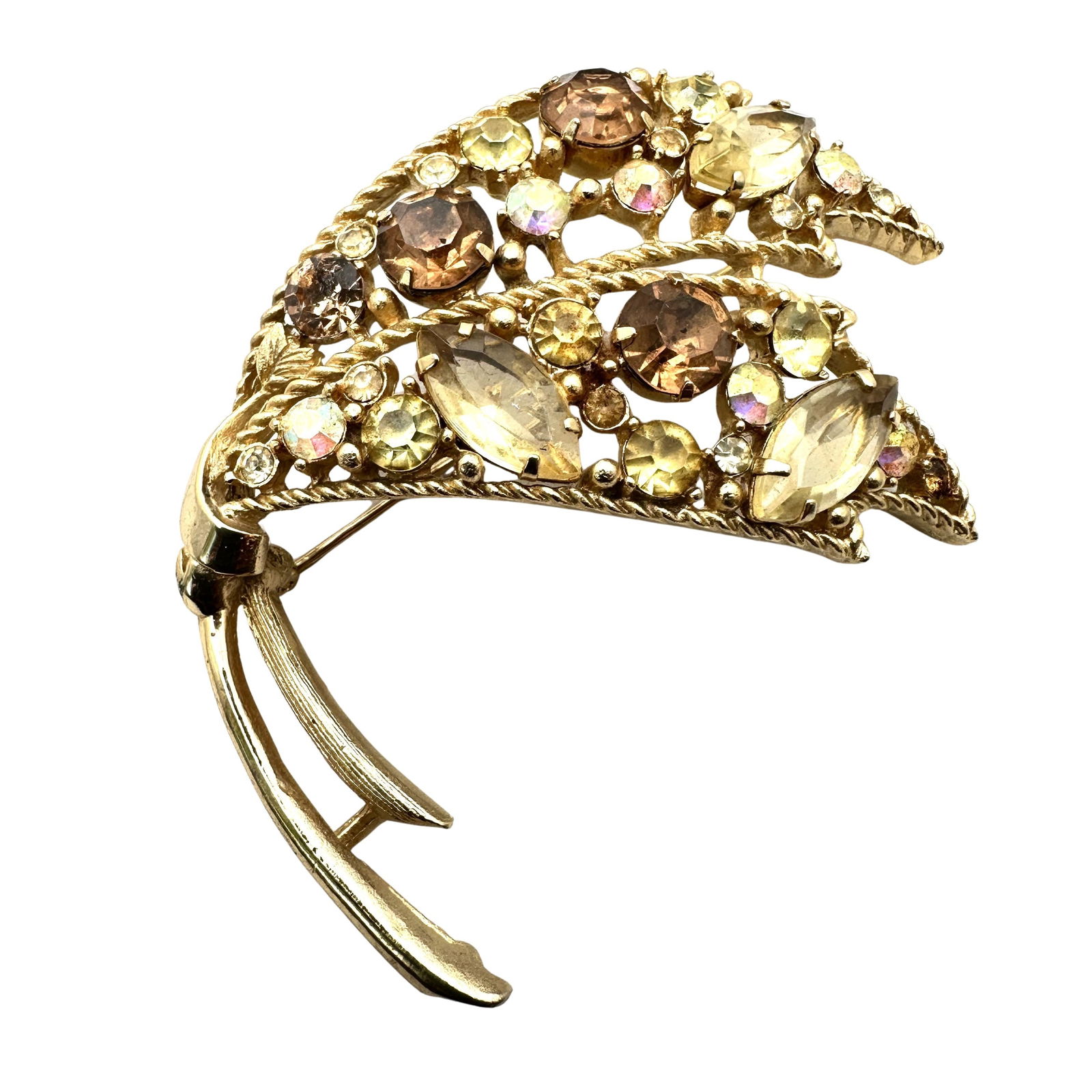 Vintage Emmons Yellow Amber Glass Rhinestone Gold Tone Brooch Pin 3 Inch: Vintage Emmons Yellow Amber Glass Rhinestone Gold Tone Brooch Pin 3 Inch