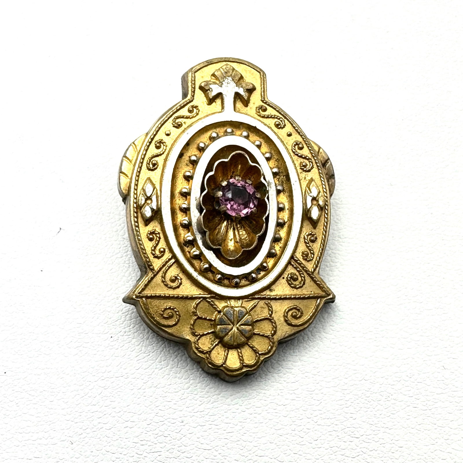 Antique Victorian Purple Stone Gold Filled Mourning Brooch Pin Picture on Back 1.5 Inch: Antique Victorian Purple Stone Gold Filled Mourning Brooch Pin Picture on Back 1.5 Inch