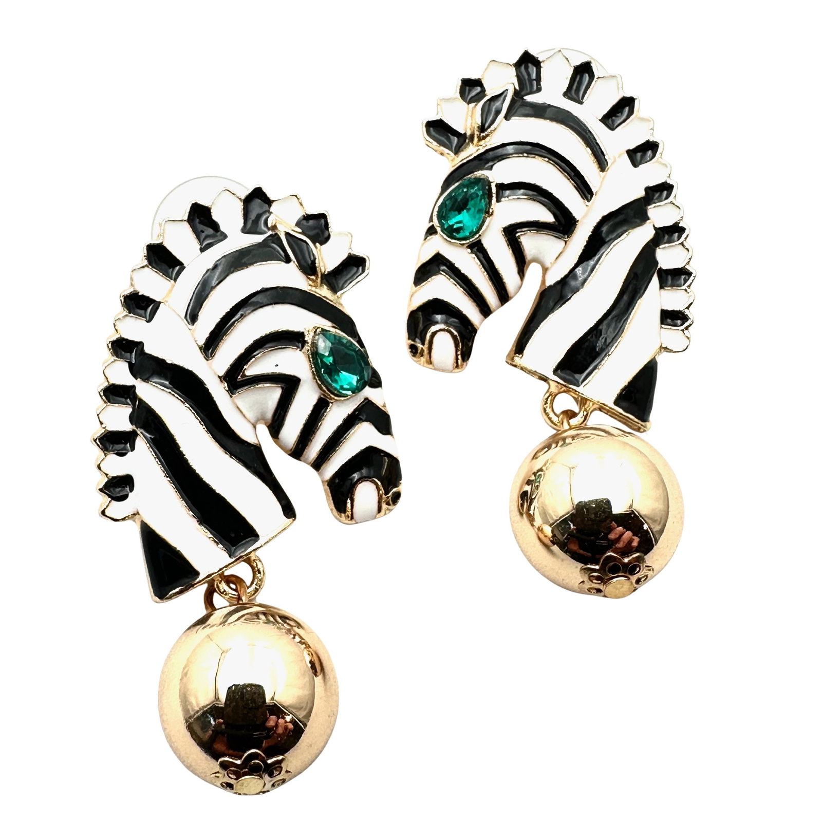 Black White Enamel Horse Zebra Gold Tone Pierced Earrings 2 Inch: Black White Enamel Horse Zebra Gold Tone Pierced Earrings 2 Inch