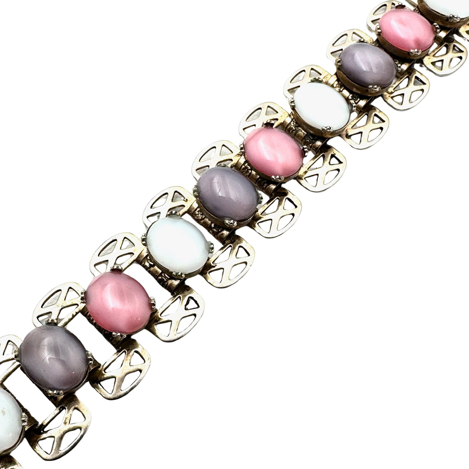 Vintage Pink Purple White Cats Eye Glass Gold Tone Book Chain Bracelet 6 Inch Length Petite Size: Vintage Pink Purple White Cats Eye Glass Gold Tone Book Chain Bracelet 6 Inch Length Petite Size