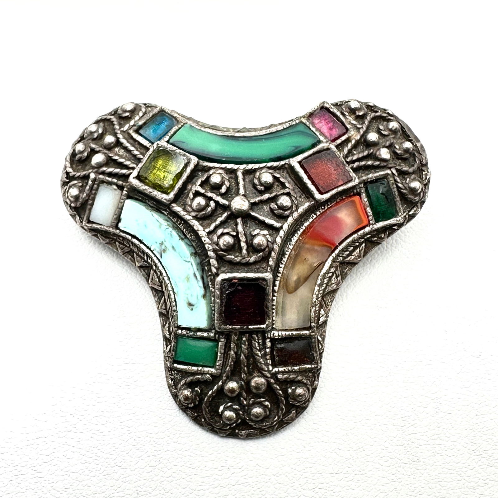 Vintage Celtic Irish Multicolor Glass Stone Silver Tone Brooch Pin 2 Inch (1 of 2)