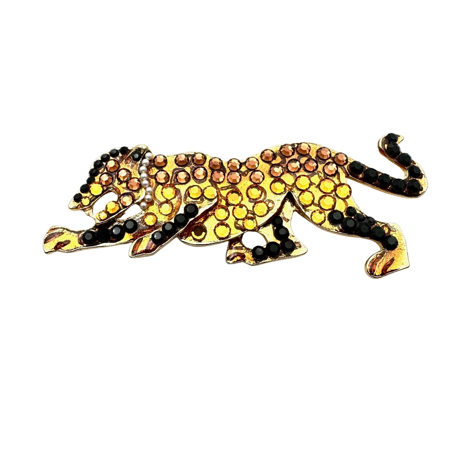 Vintage Amber Black Rhinestone Gold Tone Cougar Brooch Pin 3 Inch 1980s Era: Vintage Amber Black Rhinestone Gold Tone Cougar Brooch Pin 3 Inch 1980s Era