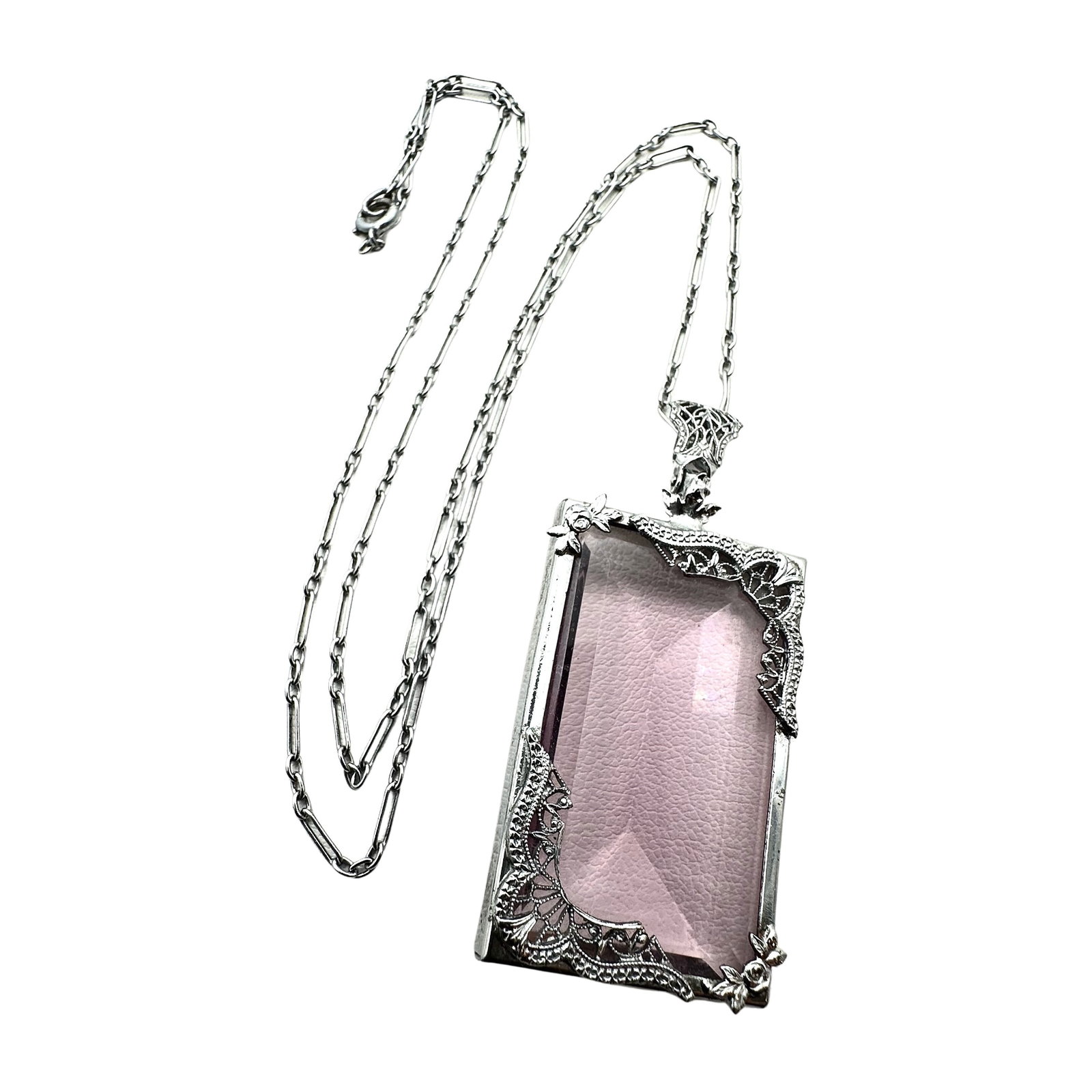 Antique Art Deco Purple Glass Silver Tone Filigree 2 Inch Pendant Necklace 20 Inch Chain: Antique Art Deco Purple Glass Silver Tone Filigree 2 Inch Pendant Necklace 20 Inch Chain