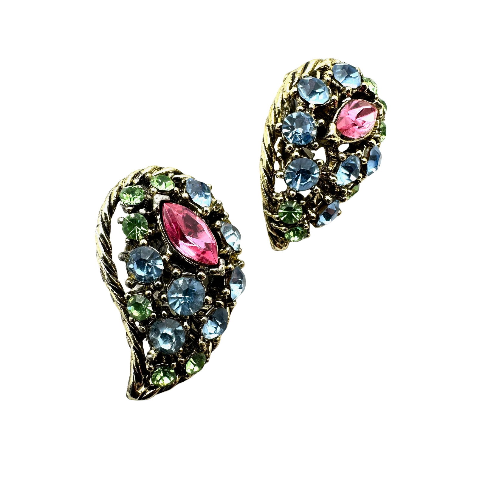 Vintage Pastel Glass Rhinestone Gold Tone Clip Earrings Matches Butterfly Brooch Pin: Vintage Pastel Glass Rhinestone Gold Tone Clip Earrings Matches Butterfly Brooch Pin