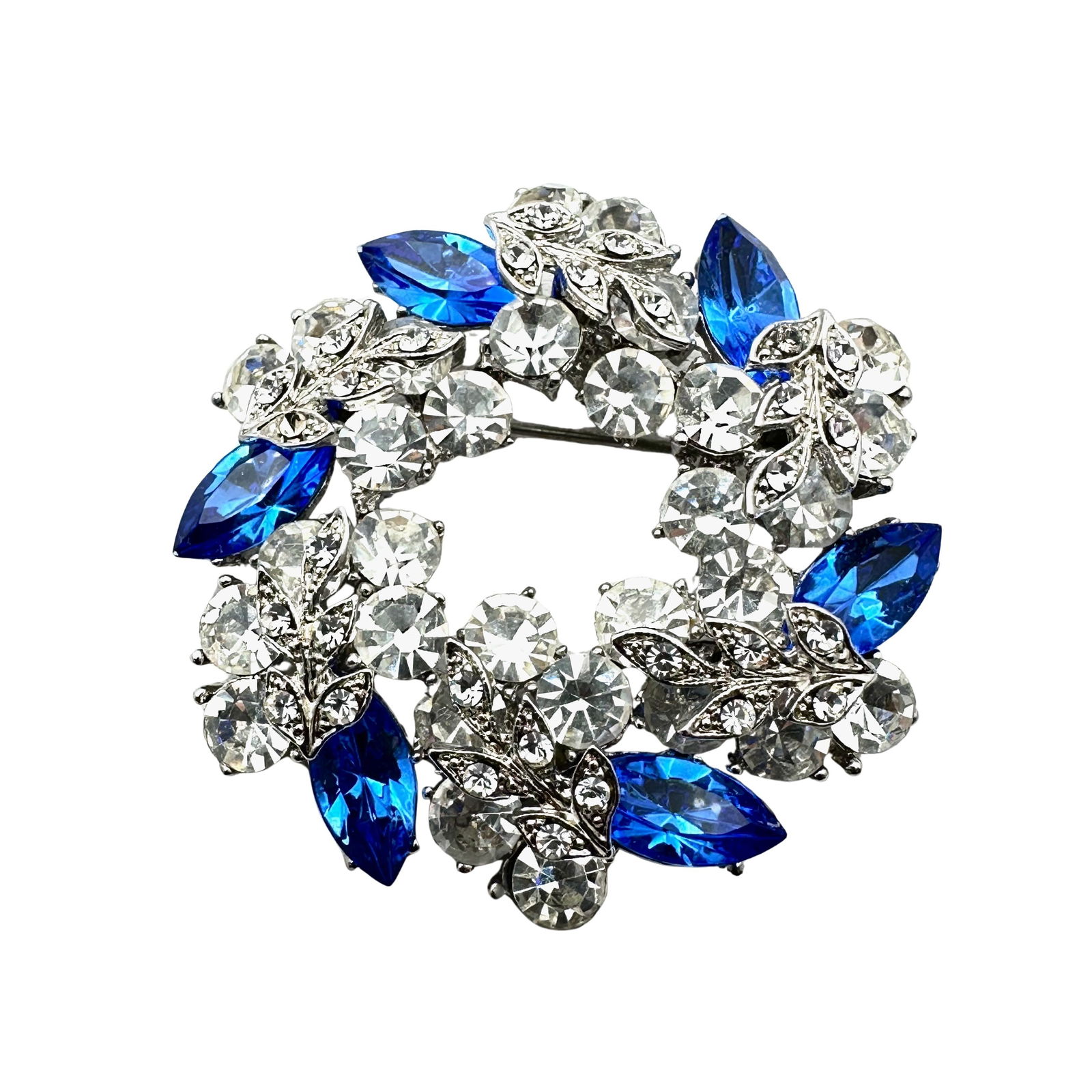 Vintage Blue Clear Glass Rhinestone Silver Tone Brooch Pin 2 Inch (1 of 2)