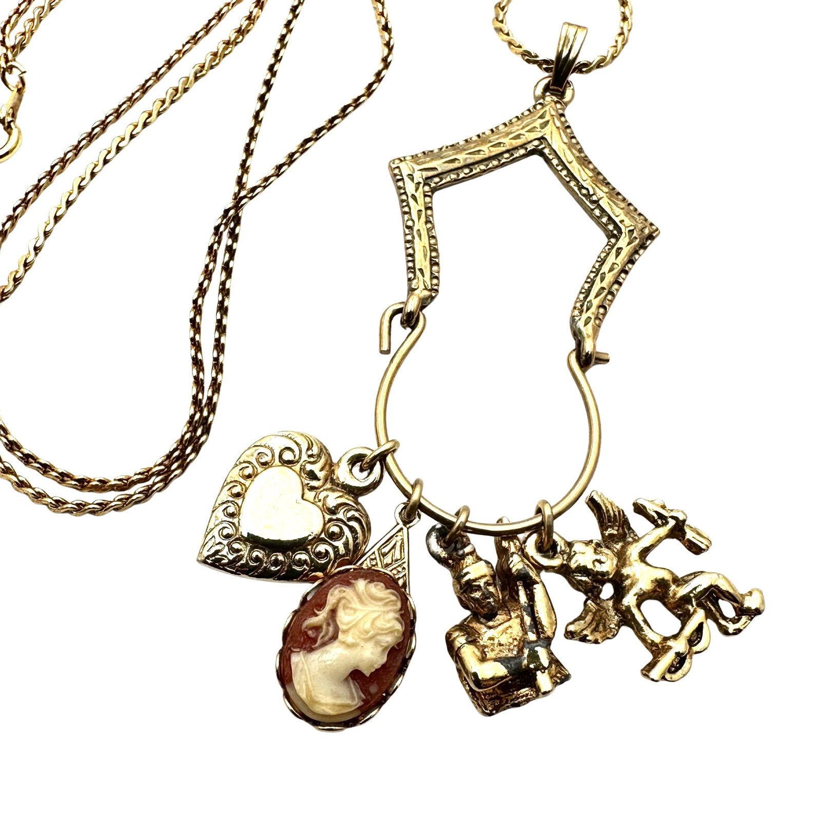 Vintage Gold Tone Charm Necklace Cameo Heart Angel Charms 24 Inch Chain: Vintage Gold Tone Charm Necklace Cameo Heart Angel Charms 24 Inch Chain