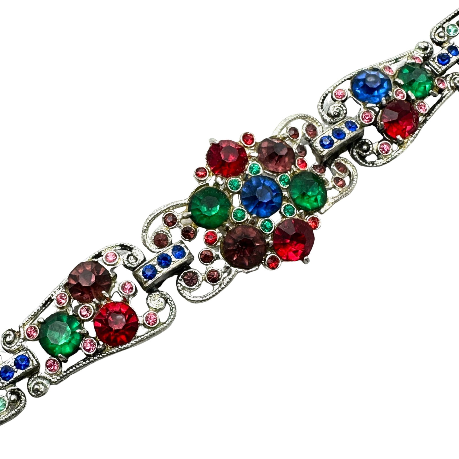Antique Multicolor Glass Rhinestone Silver Tone Pot Metal Bracelet 7 Inch Length 1940s Era: Antique Multicolor Glass Rhinestone Silver Tone Pot Metal Bracelet 7 Inch Length 1940s Era