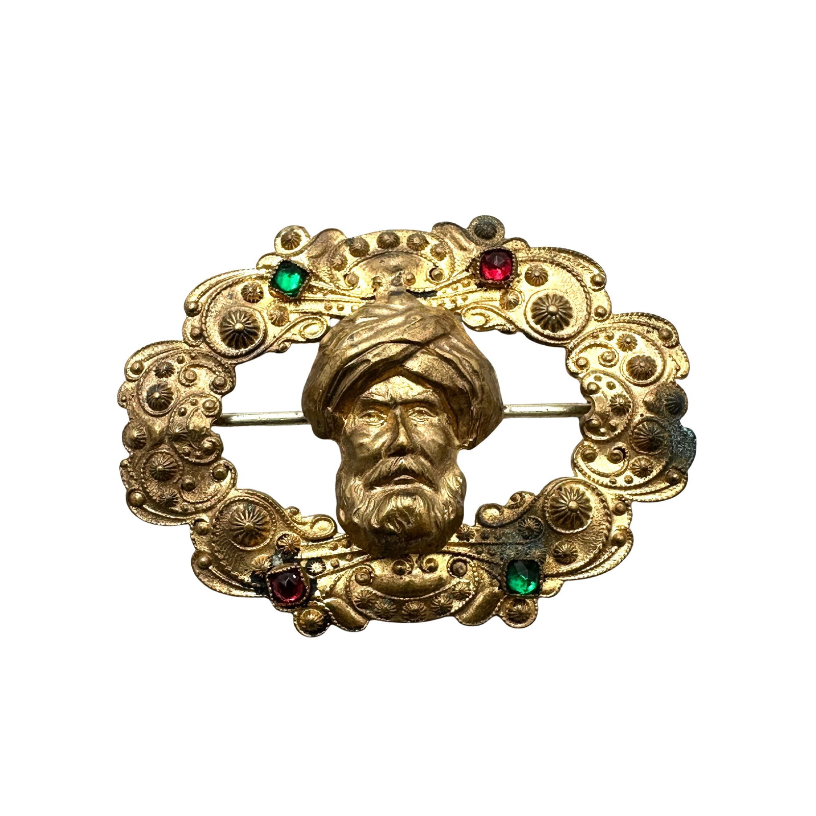 Antique Red Green Rhinestone Antiqued Gold Tone Brooch pin 2 Inch Older C Clasp: Antique Red Green Rhinestone Antiqued Gold Tone Brooch pin 2 Inch Older C Clasp