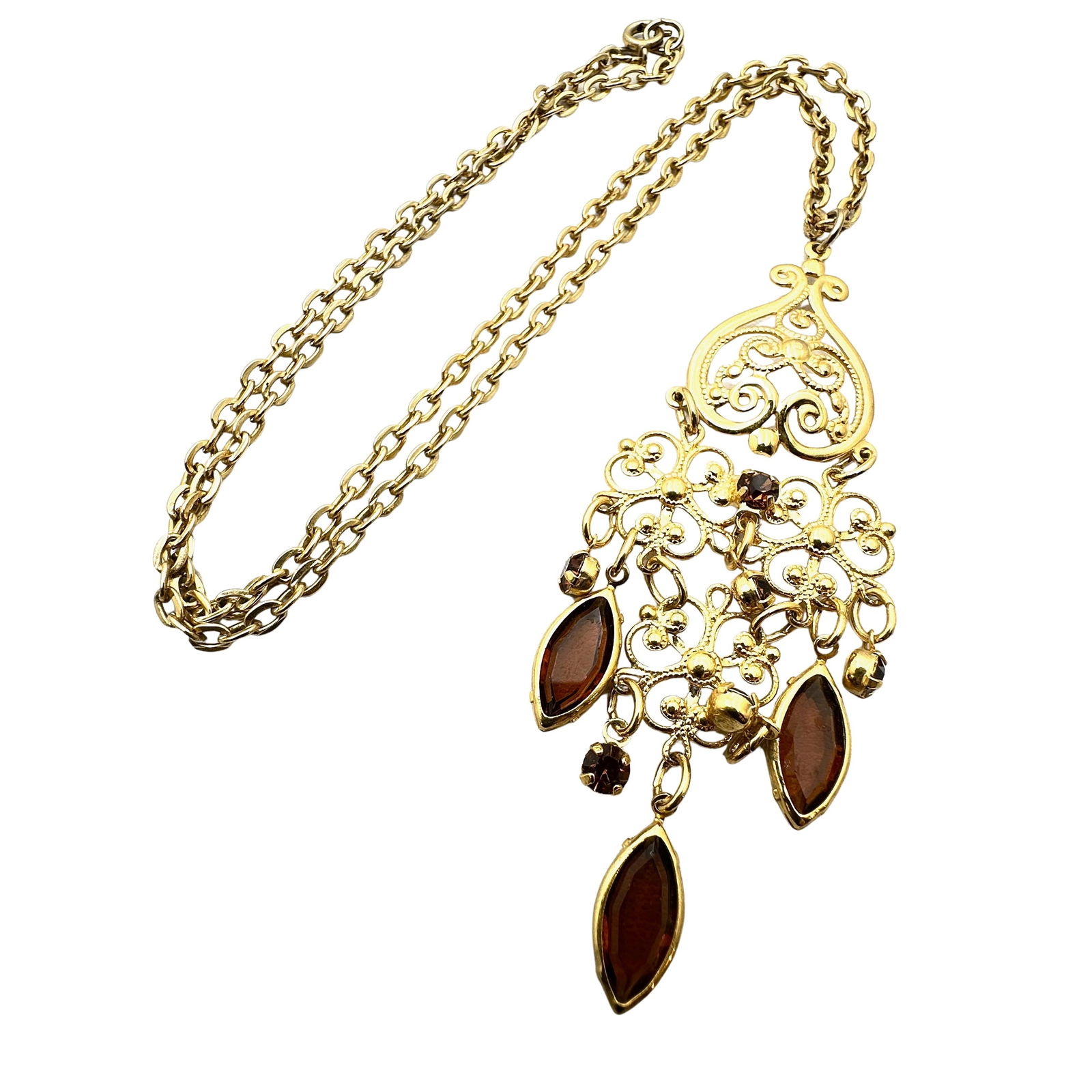 Vintage Amber Crystal Bezel Set Gold Tone Three Inch Pendant Necklace 20 Inch Chain: Vintage Amber Crystal Bezel Set Gold Tone Three Inch Pendant Necklace 20 Inch Chain