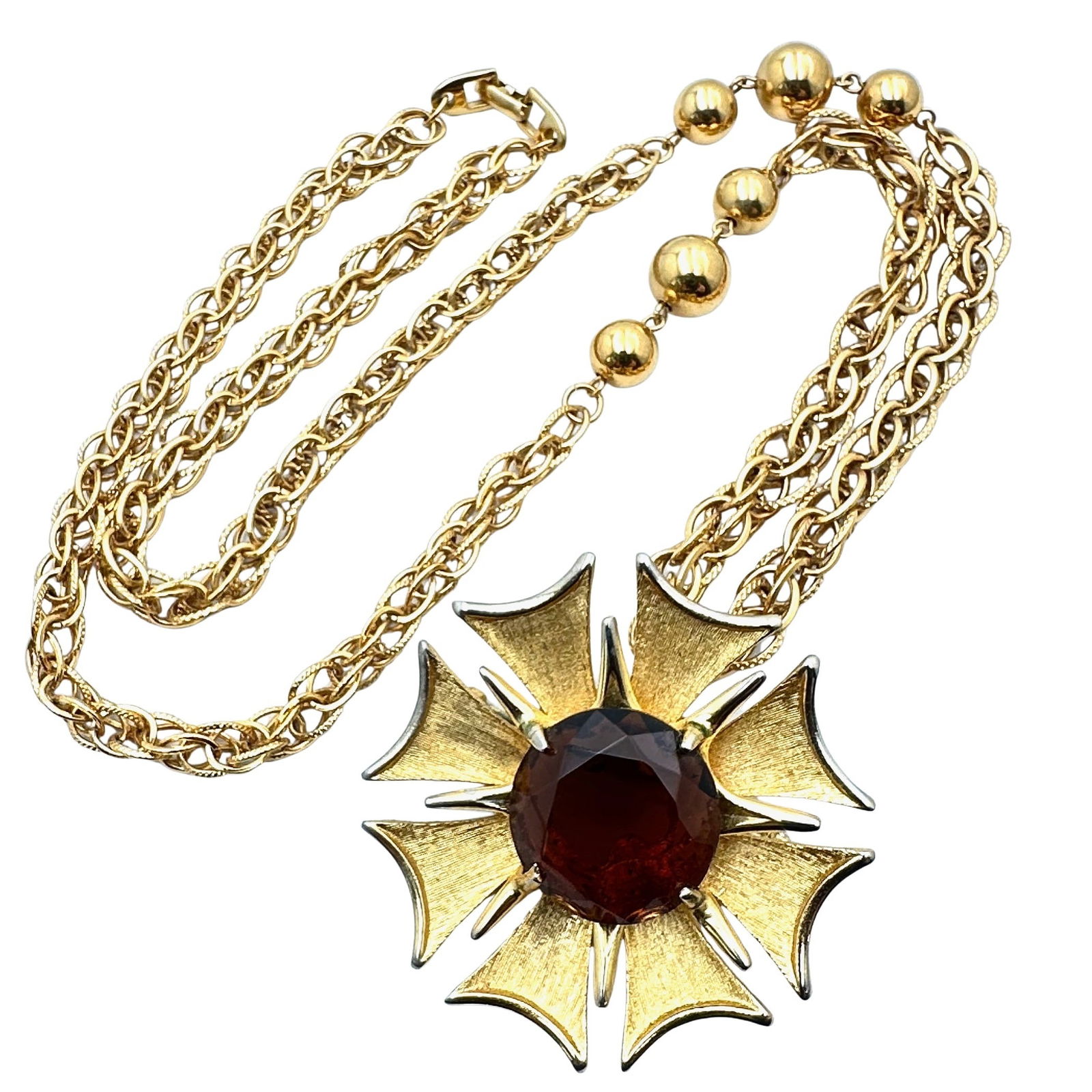 Vintage BSK Amber Glass Rhinestone Gold Tone Pin Brooch Pendant on Napier 26 Inch Chain Necklace (1 of 2)