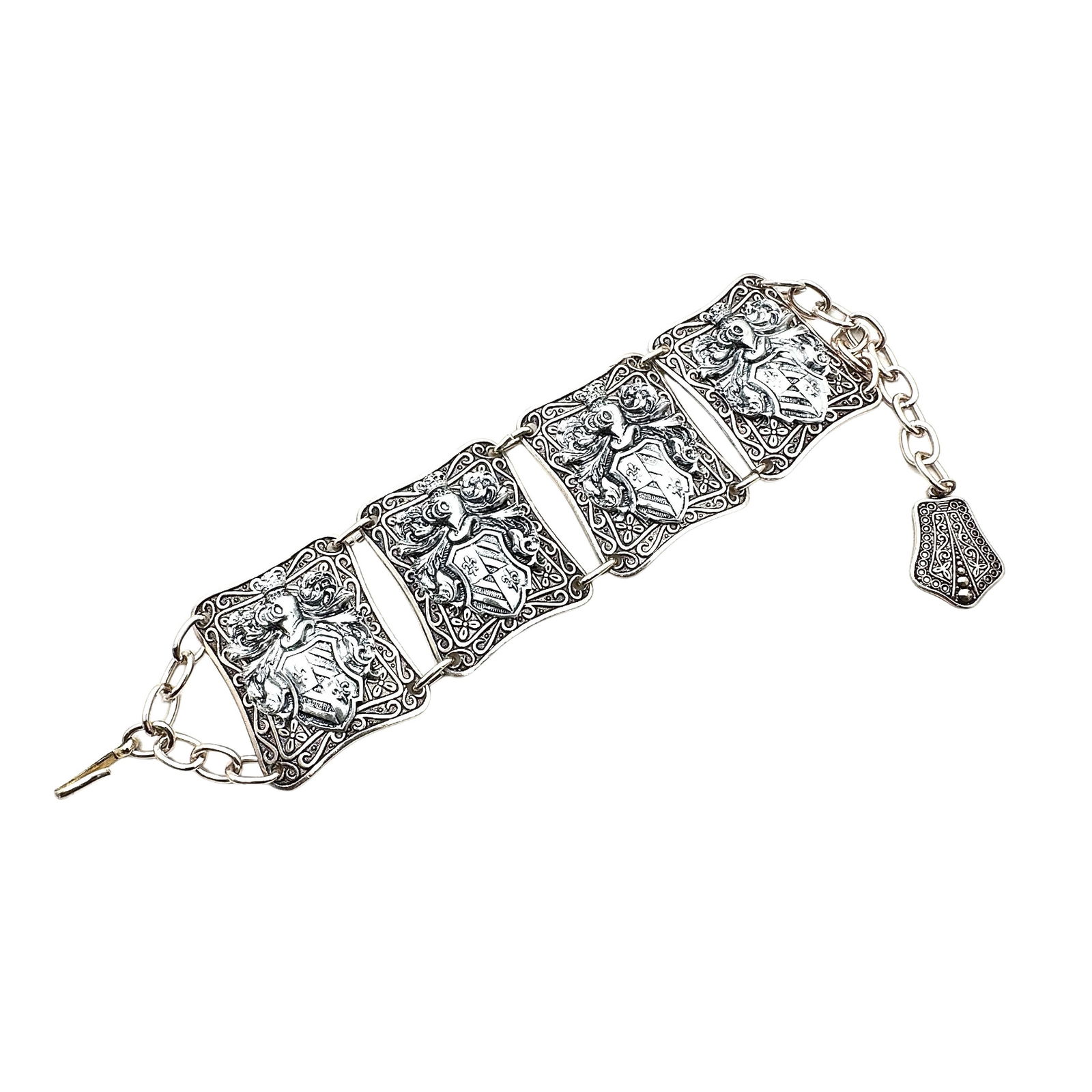 Vintage Shield Crest Light Weight Silver Tone Wide Bracelet Fits up to 8 Inch: Vintage Shield Crest Light Weight Silver Tone Wide Bracelet Fits up to 8 Inch