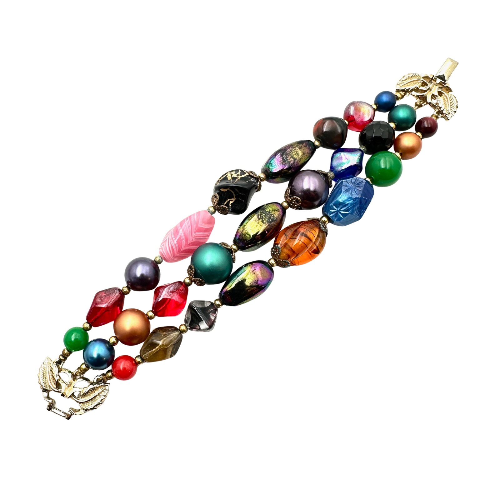 Vintage Multicolor Glass Bead 3 Strand Gold Tone Bracelet 7 Inch Length: Vintage Multicolor Glass Bead 3 Strand Gold Tone Bracelet 7 Inch Length