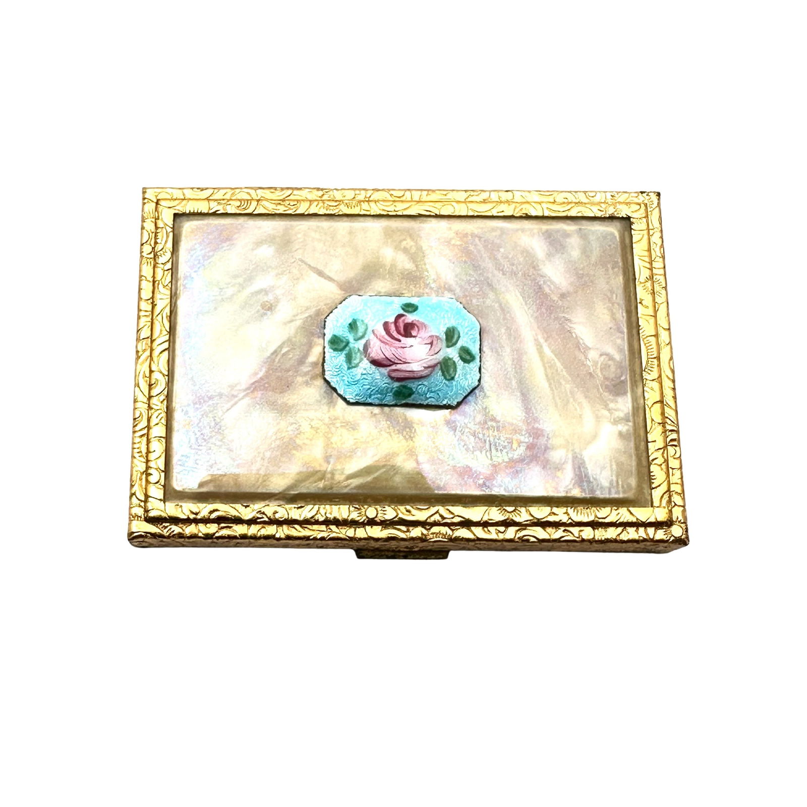Antique Vintage Guilloche Enamel Rose Design Gold Tone Compact 2.5 Inch by 1.5 Inch Unused Condition: Antique Vintage Guilloche Enamel Rose Design Gold Tone Compact 2.5 Inch by 1.5 Inch Unused Condition