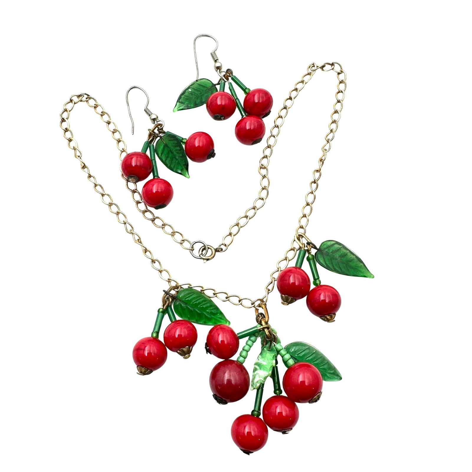 Vintage Cherry Red Glass Pendant Gold tone Necklace Pierced Earrings Set: Vintage Cherry Red Glass Pendant Gold tone Necklace Pierced Earrings Set