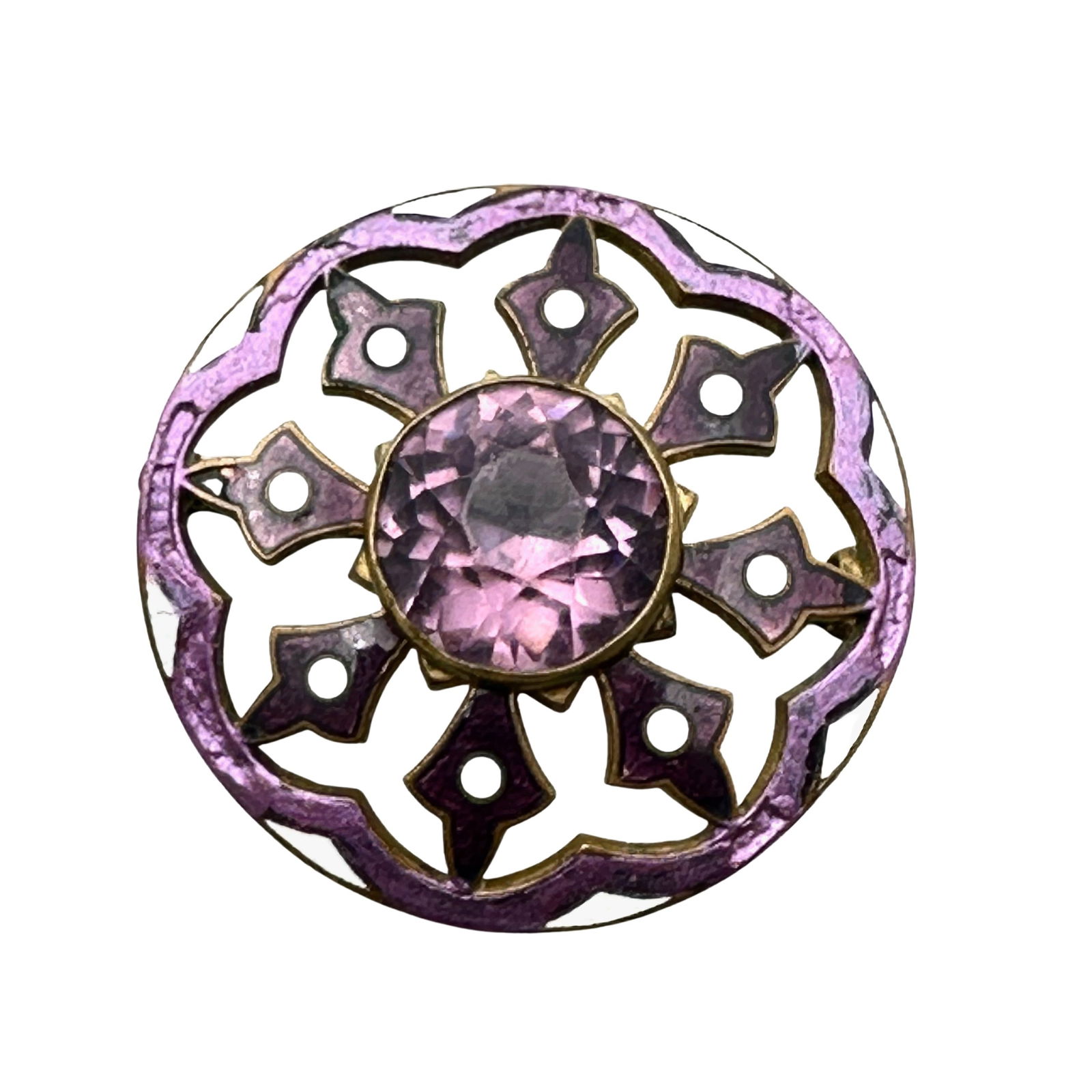 Antique Vintage Purple Czech Glass Enamel Gold Tone Brooch Pin 1.75 Inch (1 of 2)