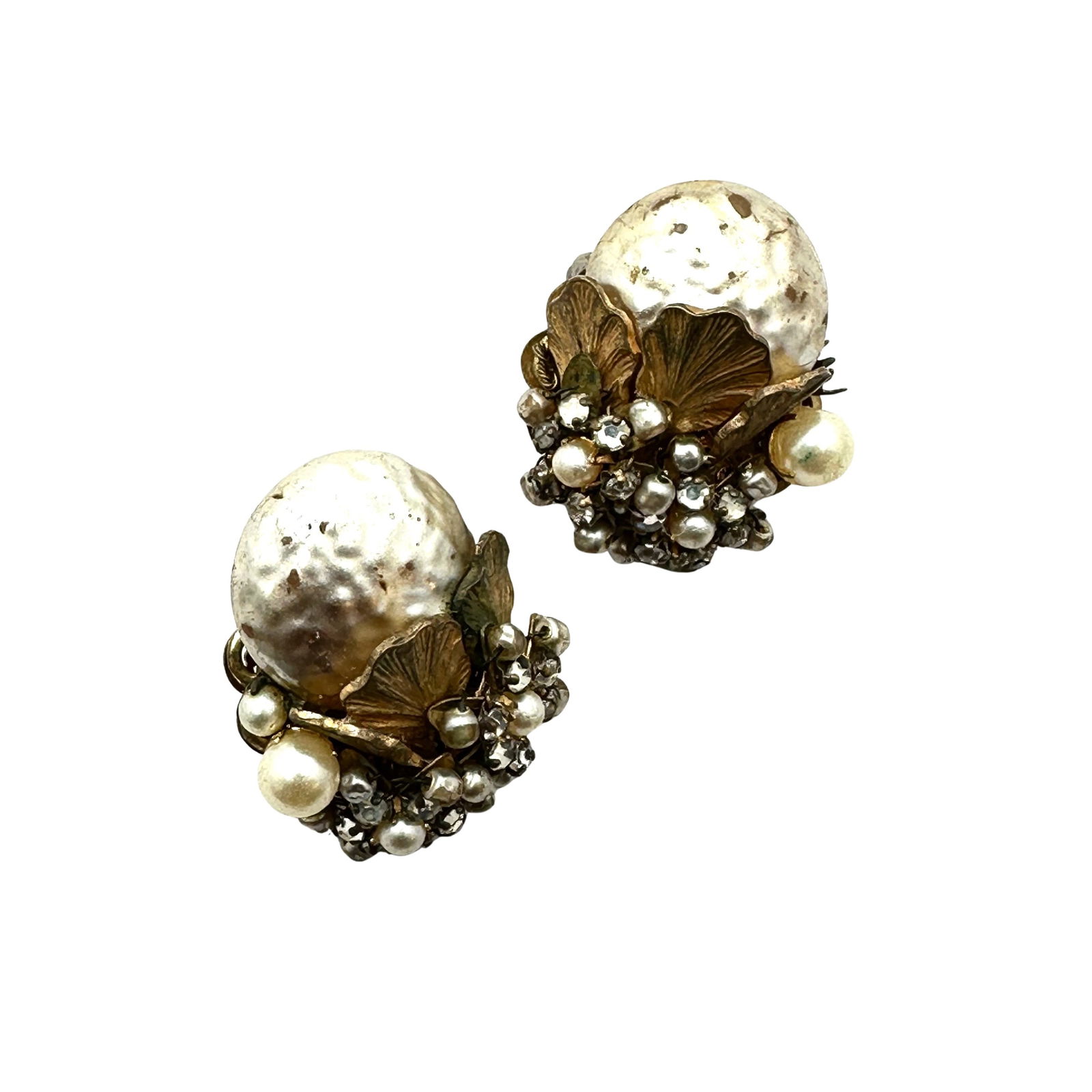 Vintage Miriam Haskell Baroque Pearl Gold Tone Clip Earrings Some Wear to Pearl Coating: Vintage Miriam Haskell Baroque Pearl Gold Tone Clip Earrings Some Wear to Pearl Coating