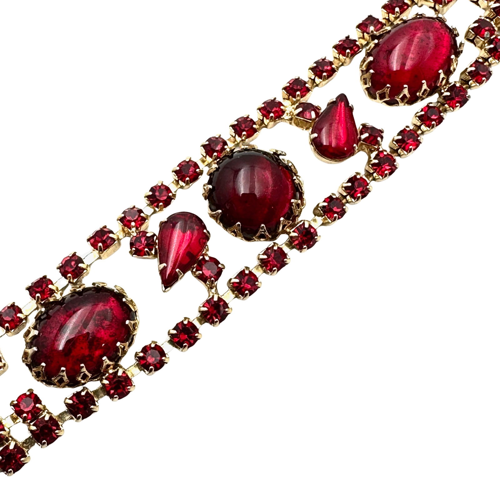 Vintage Red Glass Rhinestone Gold Tone Wide Bracelet Length 7 Inch: Vintage Red Glass Rhinestone Gold Tone Wide Bracelet Length 7 Inch