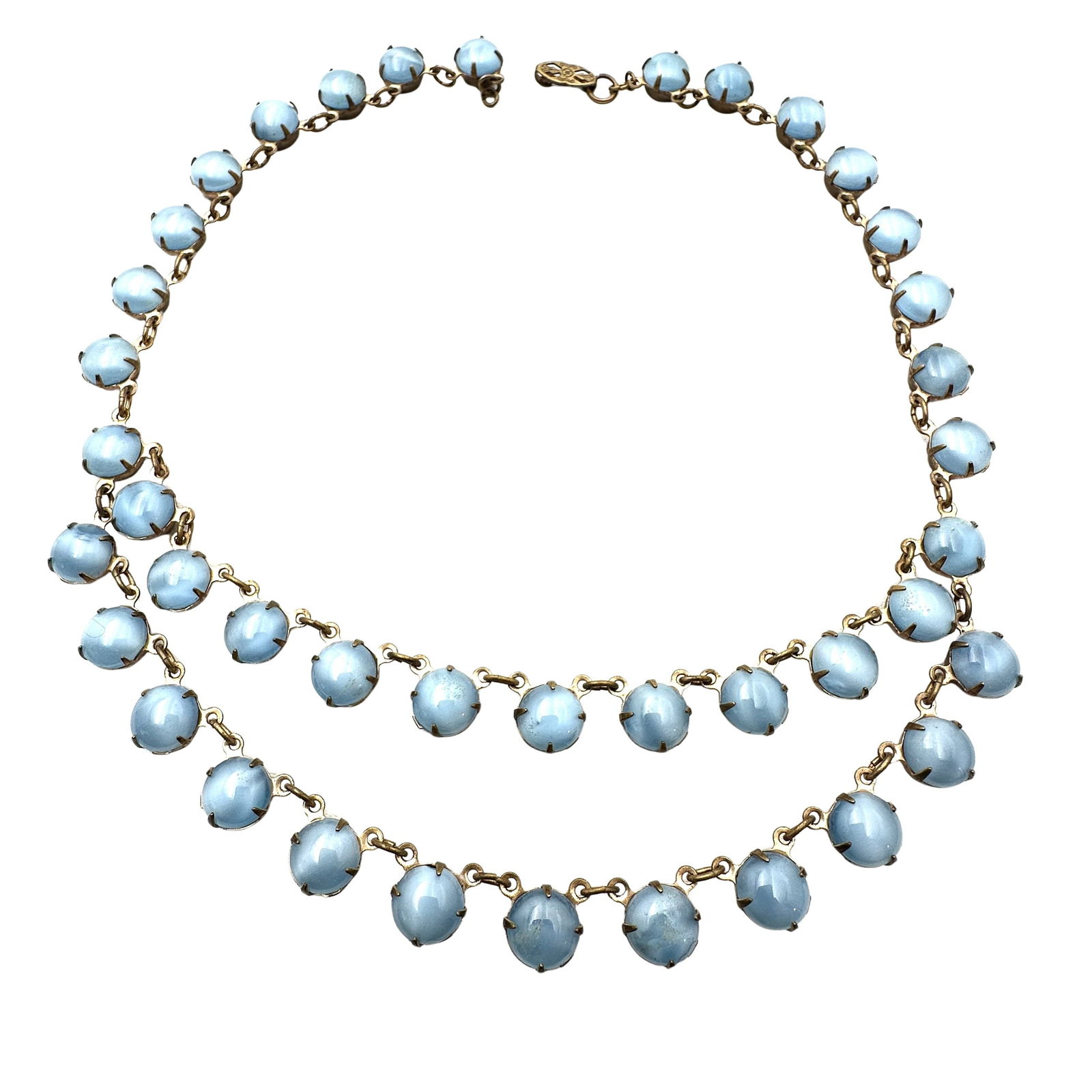 Antique Vintage Blue Cats Eye Glass Gold Tone Necklace 16 Inch (1 of 2)