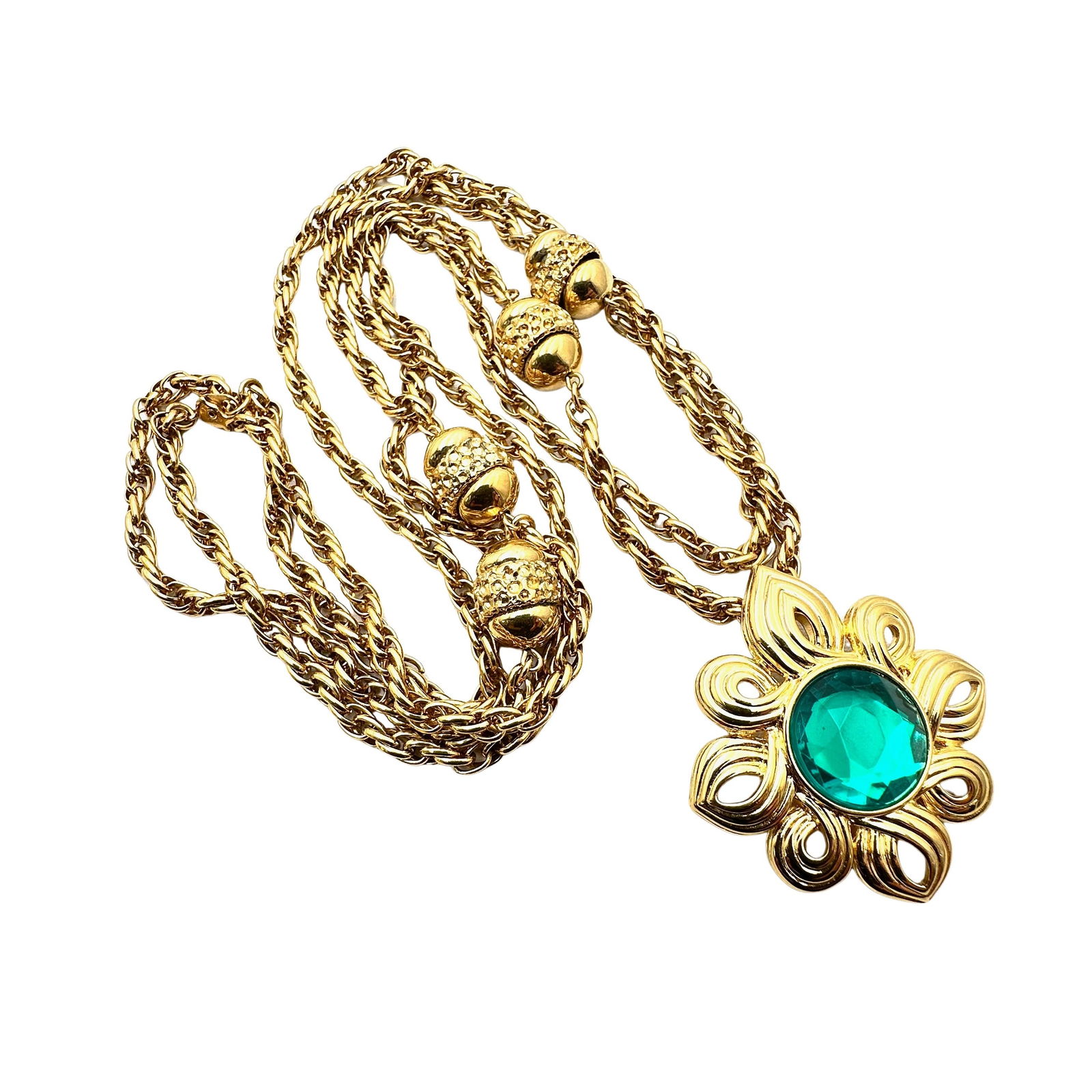 Vintage KJL Kenneth Jay Lane Green Glass Rhinestone Gold Tone Enhancer Pendant Necklace 52 Inch (1 of 2)