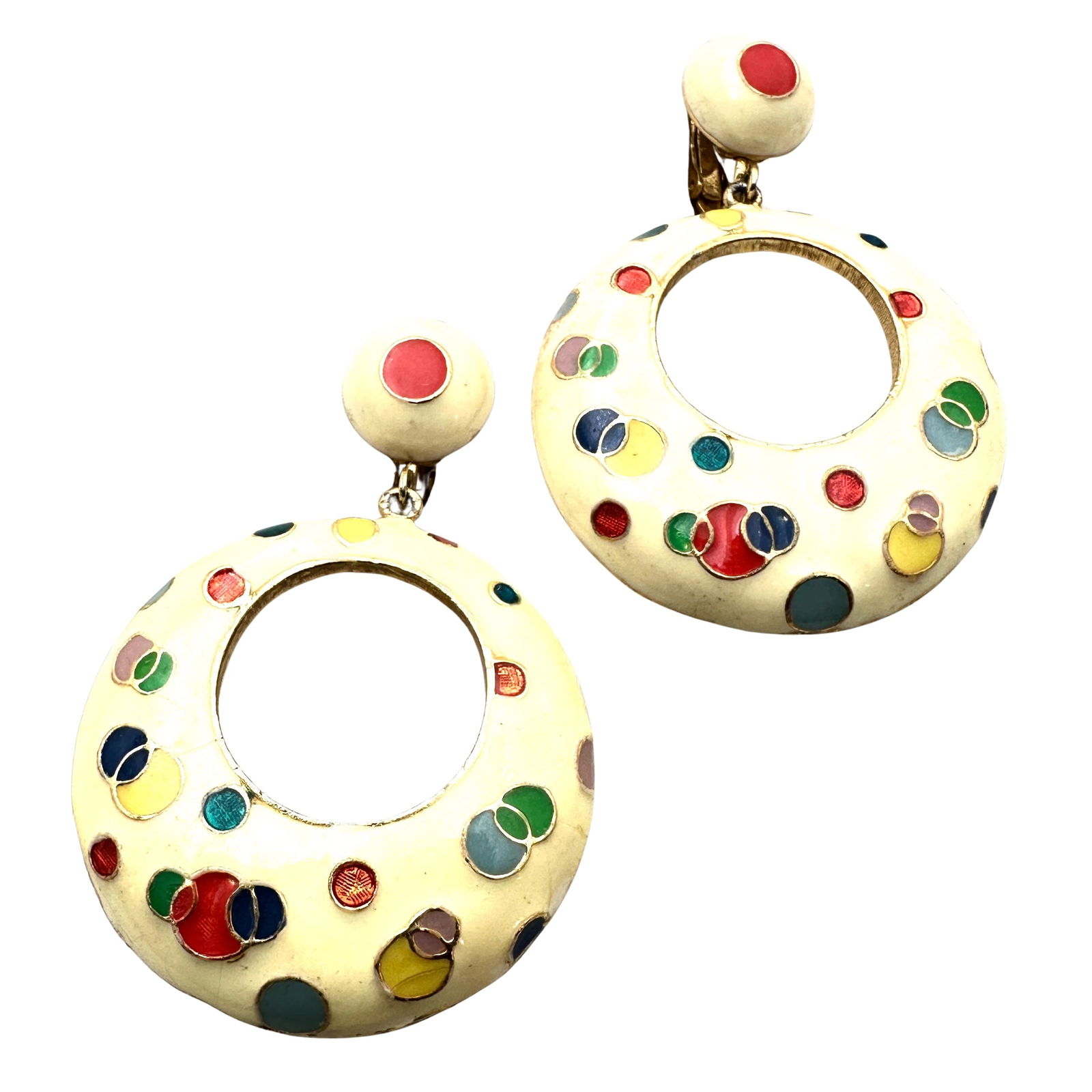 Vintage Unsigned Eisenberg? Multicolor Enamel Polka Dot Gold Tone Chandelier Clip Earrings 2 Inch: Vintage Unsigned Eisenberg? Multicolor Enamel Polka Dot Gold Tone Chandelier Clip Earrings 2 Inch