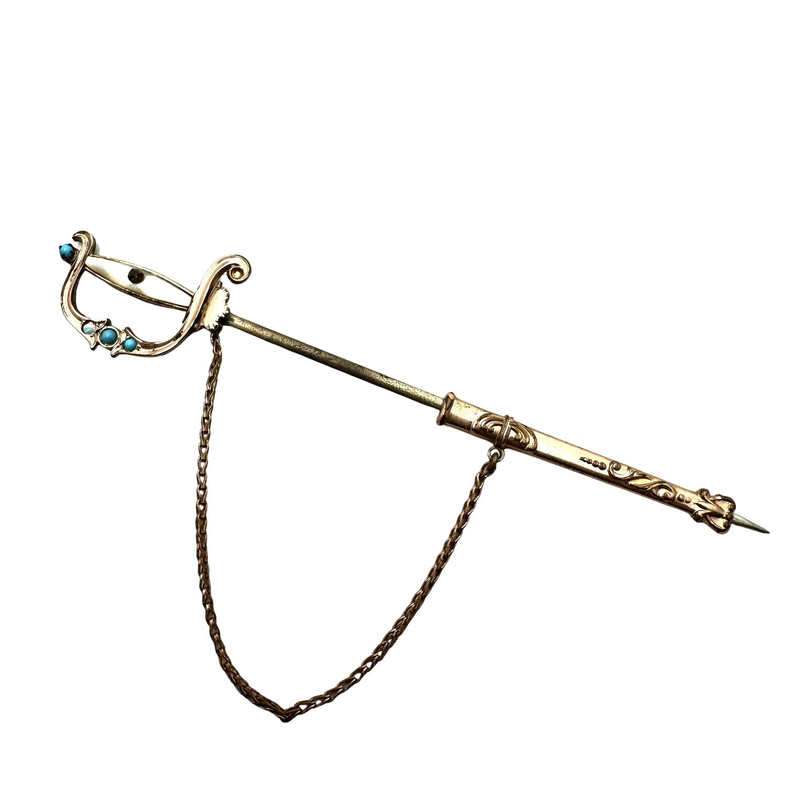 Antique Vintage Gold Filled Pearl Turquoise Sword in Sheath Brooch Pin 4 Inch (1 of 2)