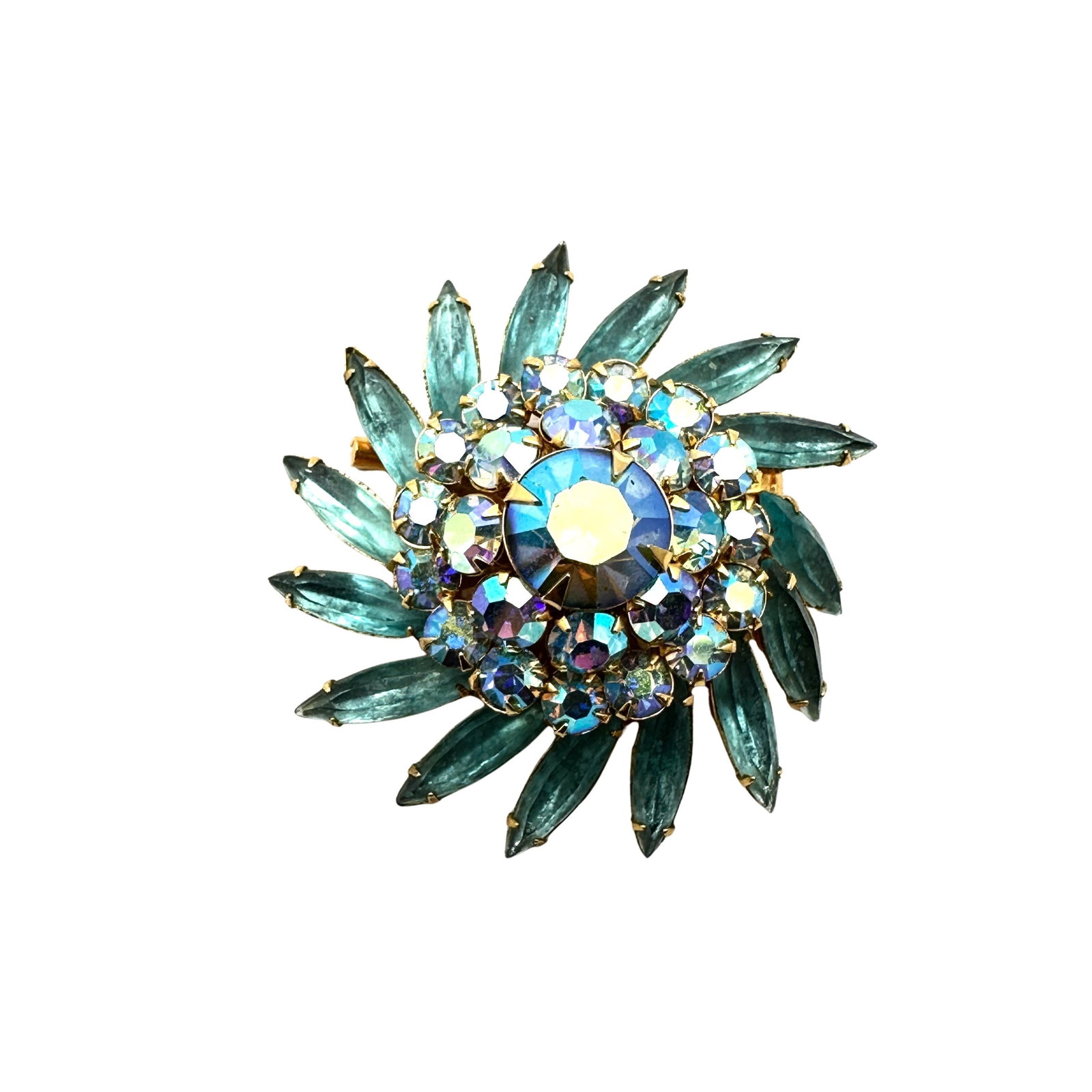 Vintage Judy Lee Blue Glass Rhinestone Gold Tone Brooch Pin 2 Inch: Vintage Judy Lee Blue Glass Rhinestone Gold Tone Brooch Pin 2 Inch
